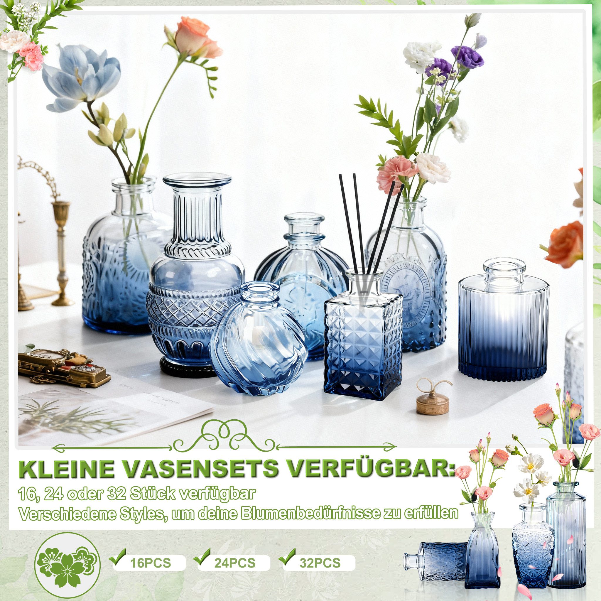 FIVMEN Dekovase Glasvasen Set Blumenvasen Vintage Glas Vasen Minivasen Knospenvasen (24 St), für Blumenarrangements, Hochzeiten, Partys und Dekorative