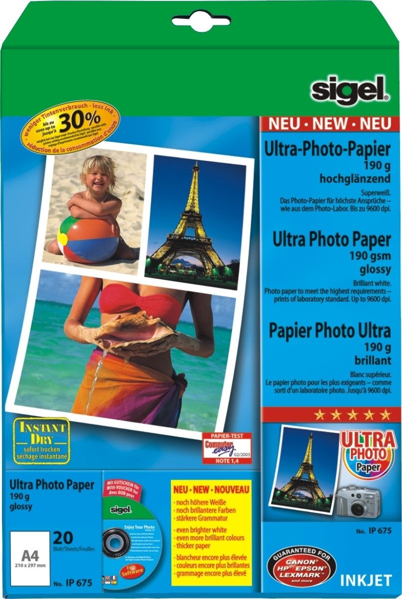 Sigel Fotopapier InkJet-Ultra-Photo-Papier A4 190g/qm hochglänzend 20 Blatt