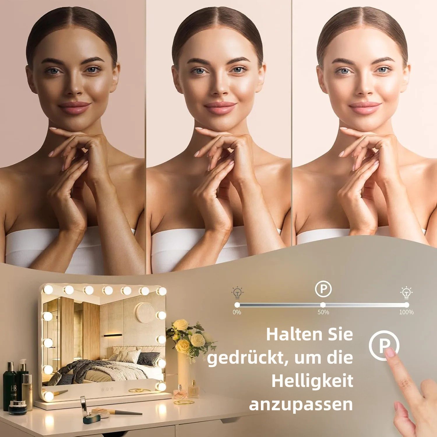 TLGREEN Schminkspiegel Hollywood Spiegel mit Licht 80x60/58x46 cm (USB- und TYPE-C-Ladeanschlüsse, Drei helle Farben), 10-fache Lupe