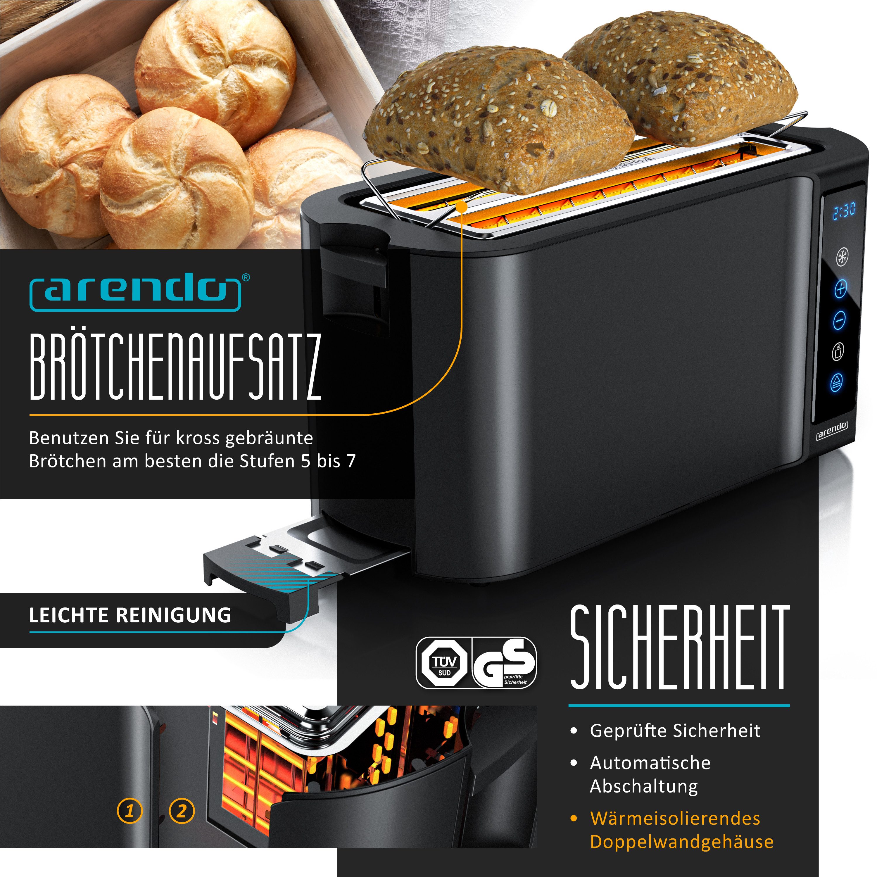 Arendo Frühstücks-Set Edelstahl Wasserkocher 1,5l, 4-Scheiben Langschlitz Toaster, Cool Grey (2-tlg), Wasserkocher mit Temperatureinstellung, Toaster Brötchenau – Bild 4 von 5