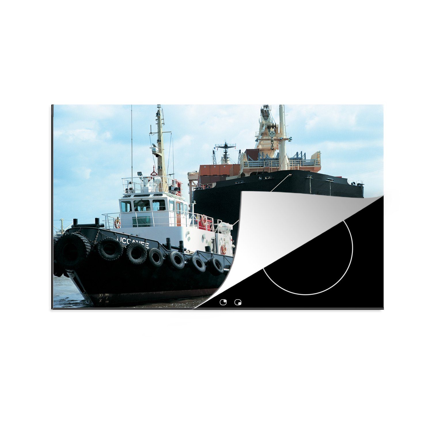 MuchoWow Herdblende-/Abdeckplatte Schlepper schleppt Containerschiff, Vinyl, (1 tlg), 81x52 cm, Induktionskochfeld Schutz für die küche, Ceranfeldabdeckung