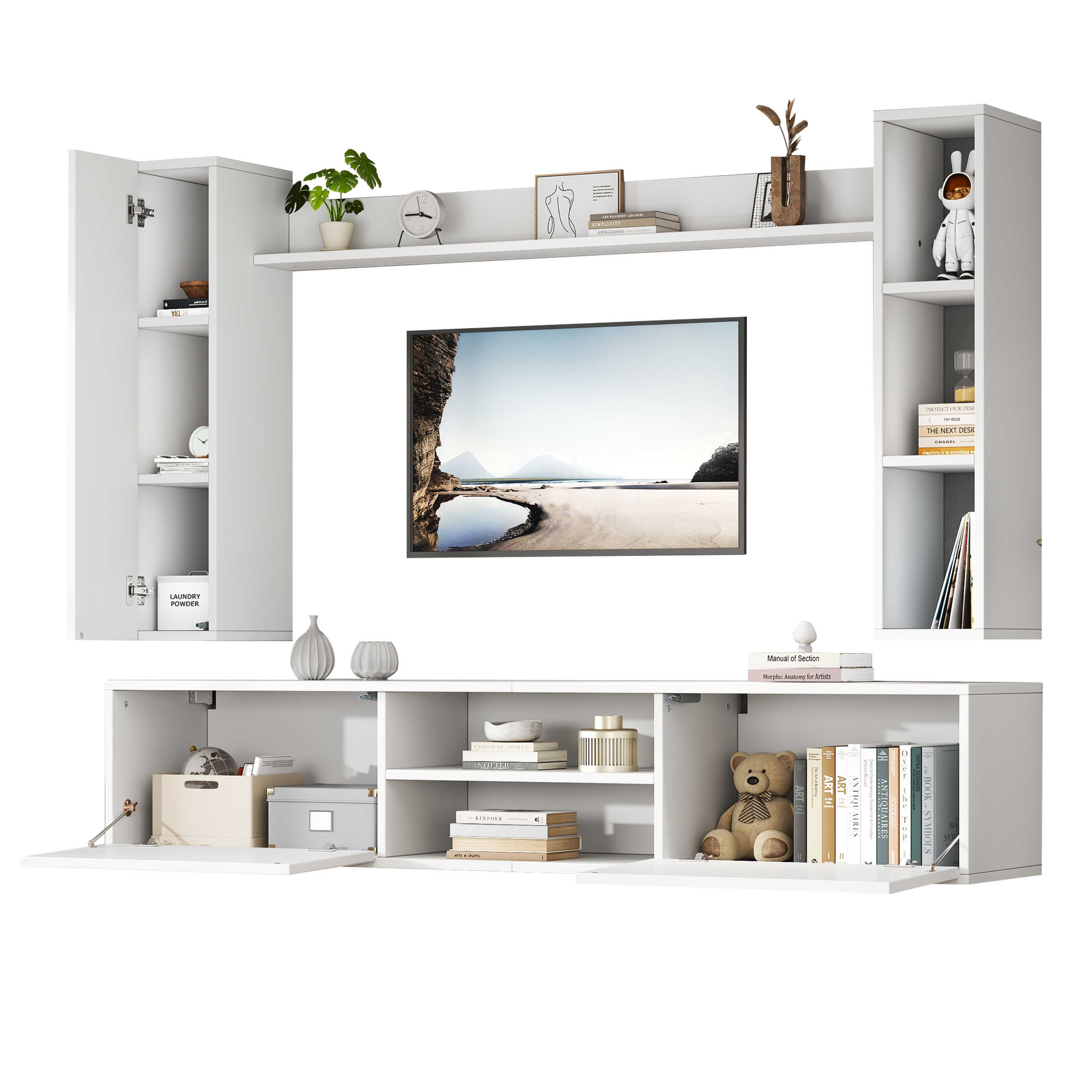 BlingBin TV-Schrank TV-Wohnwand-set TV-Ständer Fernsehschrank (1-St., mit Vitrinen,Mediawand inkl.TV-Board, Standregal und 2 Wandregal) Weiß,TV bis 80',Komplett-Set, 4-St,stehend&hängend