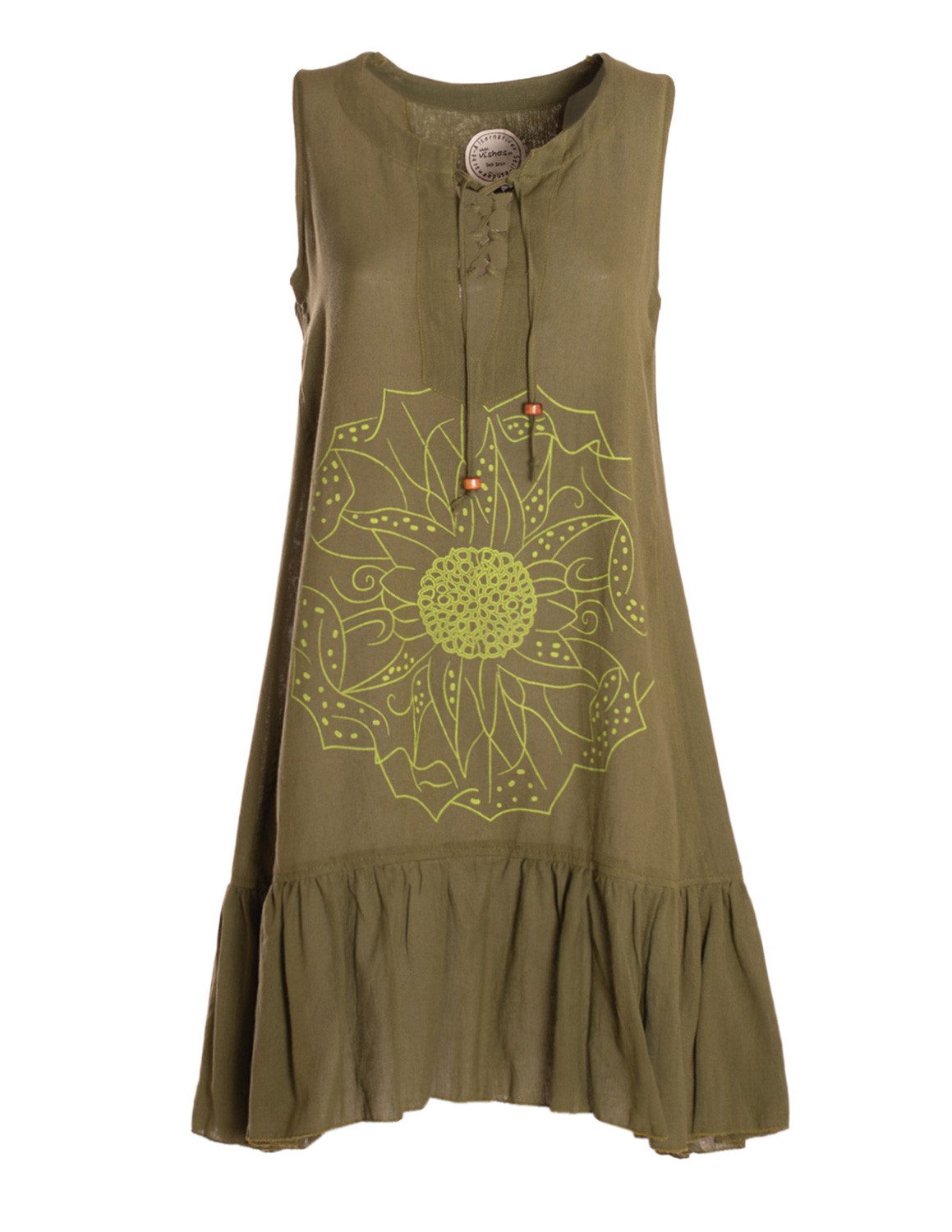 Vishes Tunikakleid Damen Hängerkleid Baumwolle Blumen Lagenlook mit Schnüren Holzperlen Alternative Bekleidung, Ethno, Hippie, Retro Style