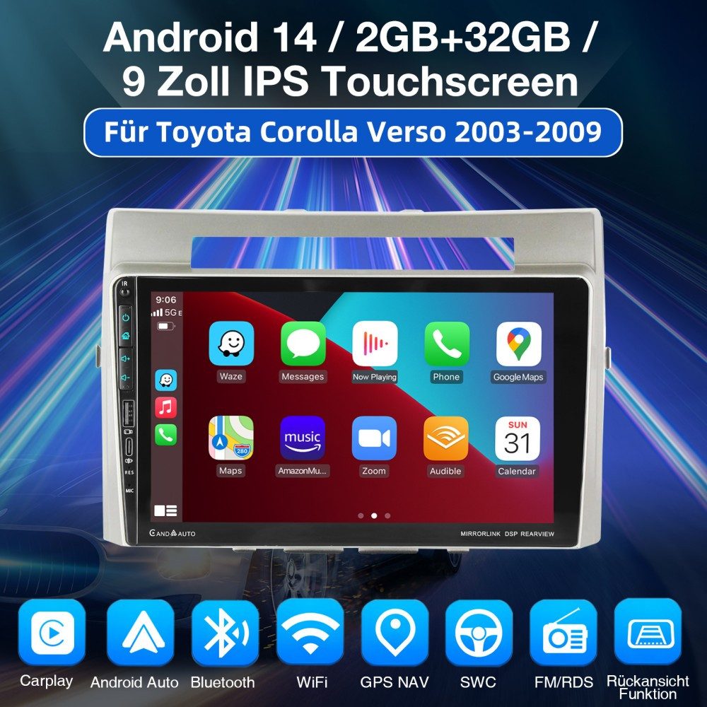 ESSGOO DAB+ 64G Für Toyota Corolla Verso 03-09 Android 15 Carplay USB Type-C Autoradio (RDS, 4+64GB(optional), Digitalradio (DAB), FM, AM, Apple Carplay Android Auto GPS Navi WIFI BT EQ)