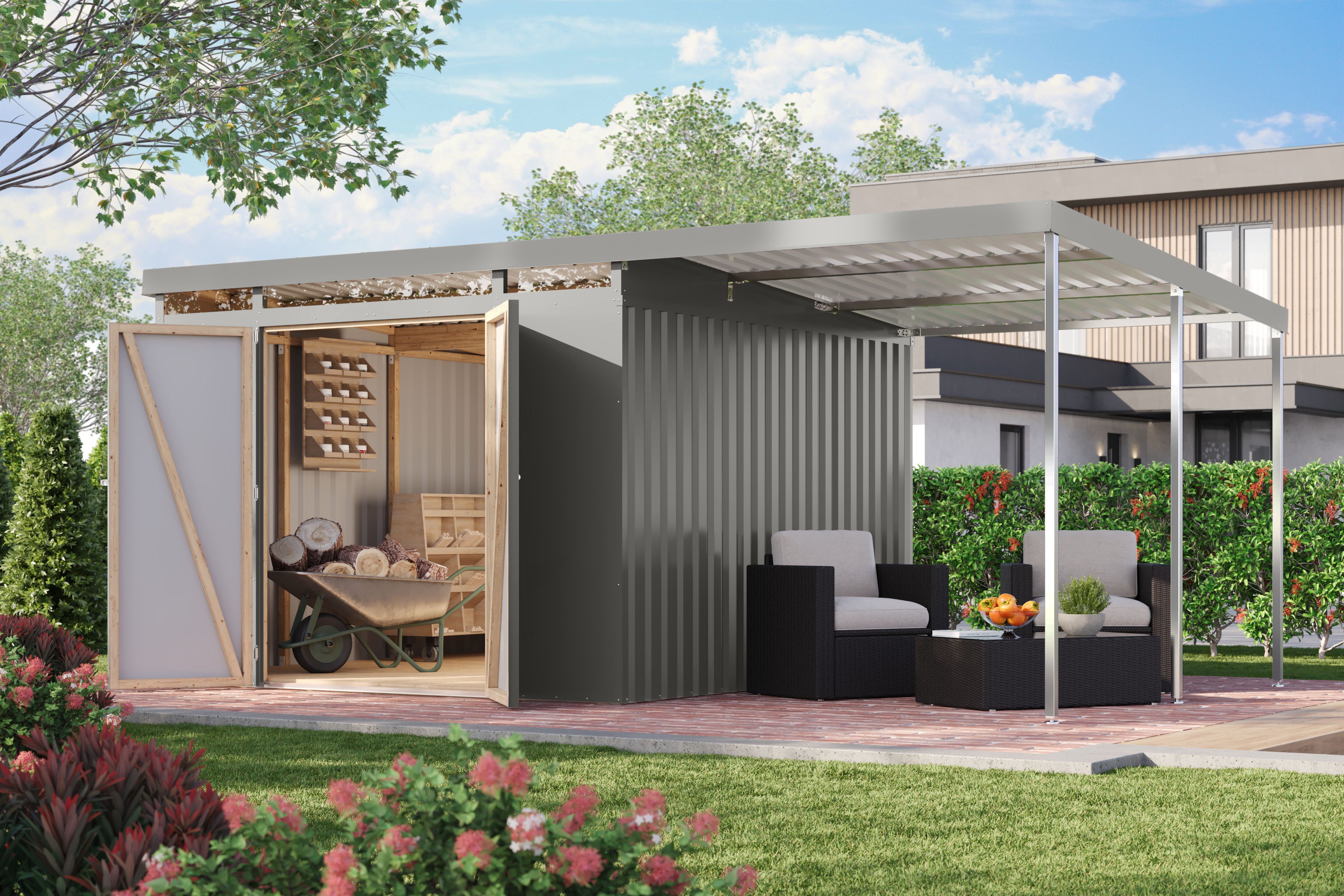 Karibu Gerätehaus Argonium 3,5 SET mit Anbaudach, BxT: 497x292 cm, Made in Germany