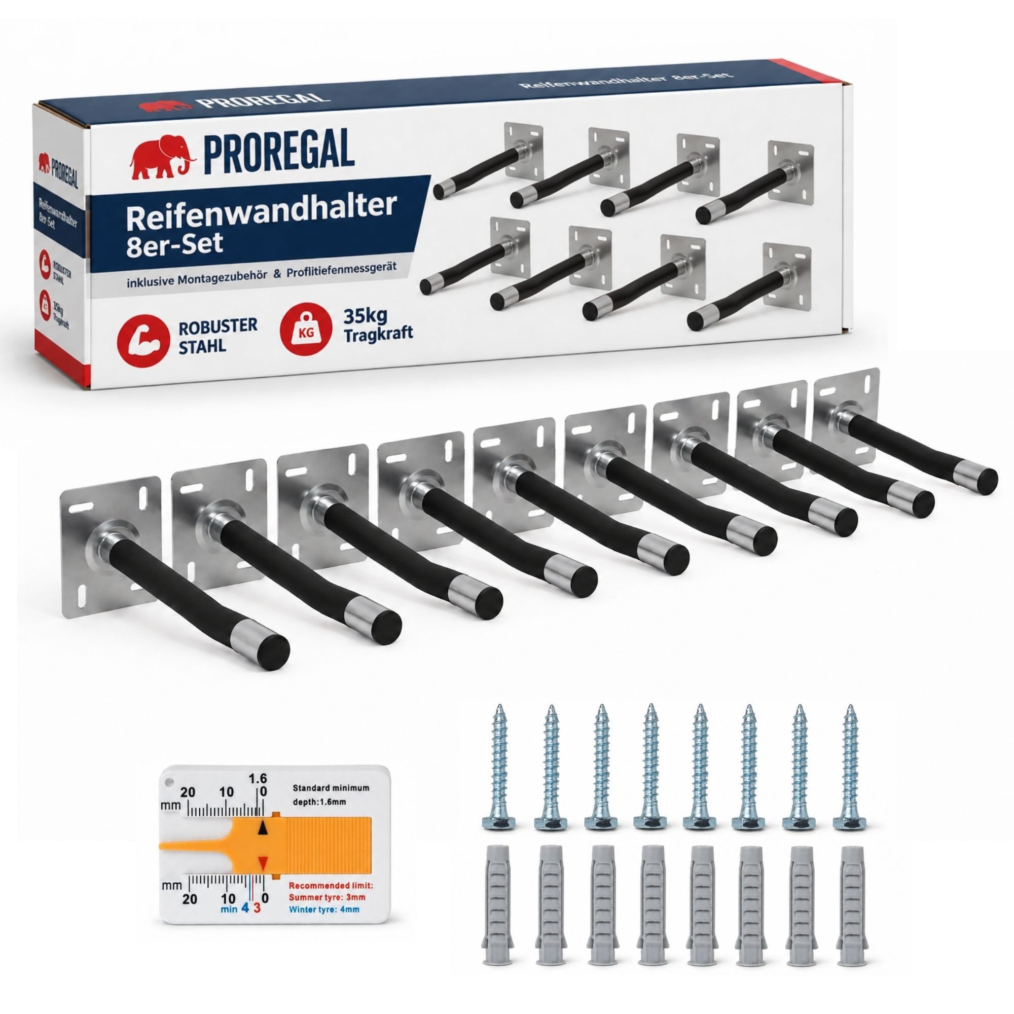 PROREGAL® Reifen-Wandhalterung PREX PRO aus Stahl gummierte Auflage extra groß für Reifen & Felgen, (Inkl. Montagezubehör & Profiltiefenmesser Traglast je 35kg)