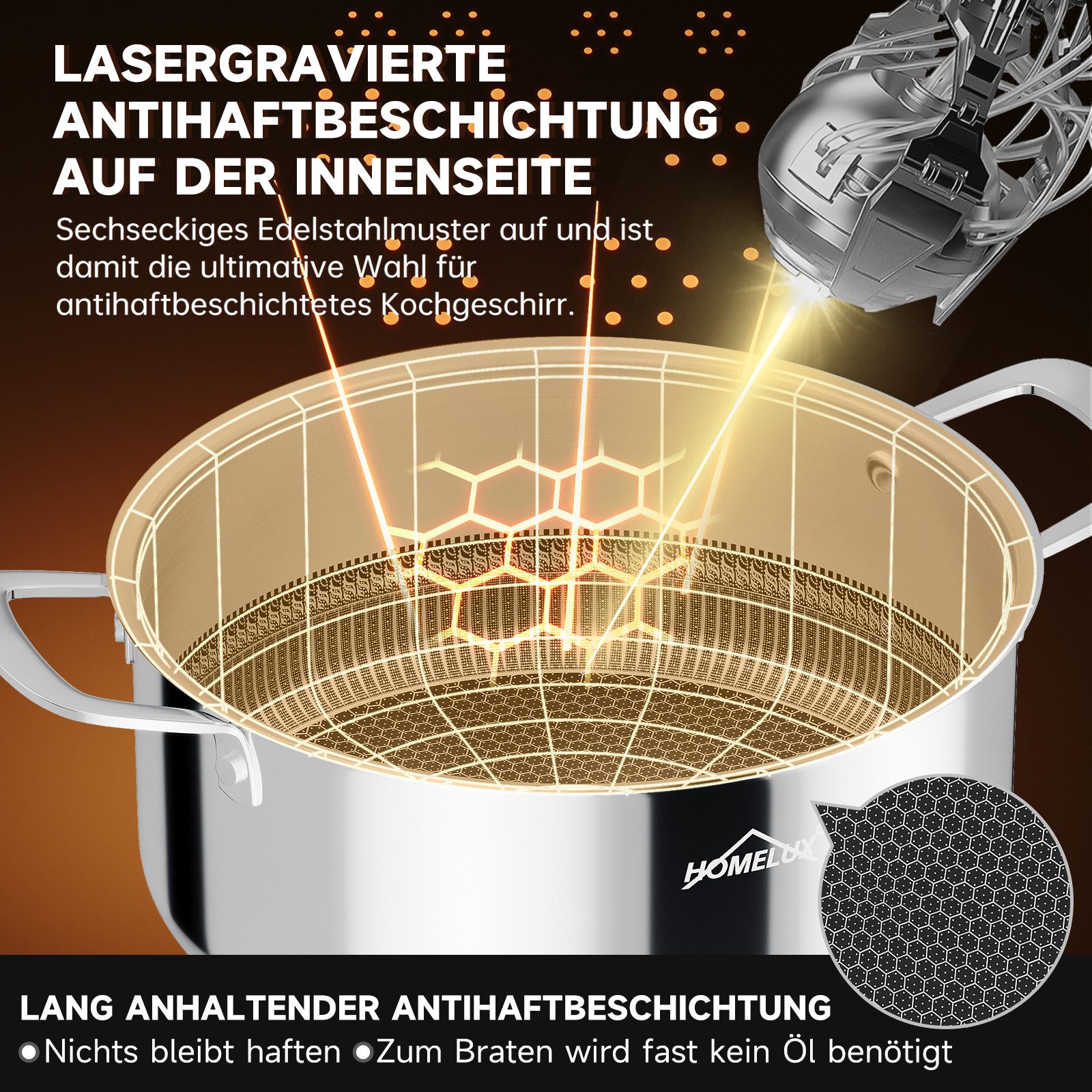 HOMELUX Suppentopf Edelstahl Kochtopf,Wabenstruktur Suppentopf Induktion,Backofengeeignet, Edelstahl (1 x 20cm 2,3L Edelstahl Kochtopf), Induktion – Bild 2 von 5