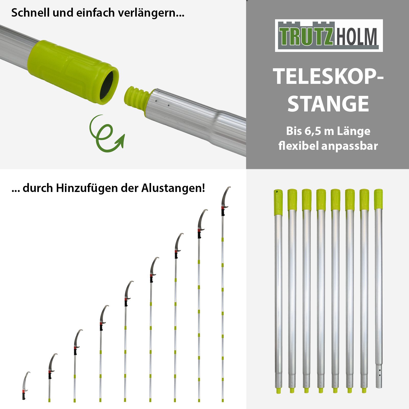 TRUTZHOLM Gartensäge Alu Astsäge 6,5m Teleskopsäge Klinge beidseitig gezahnt Handsäge, inkl.Tragetasche,Doppelhakensägeblatt – Bild 5 von 5