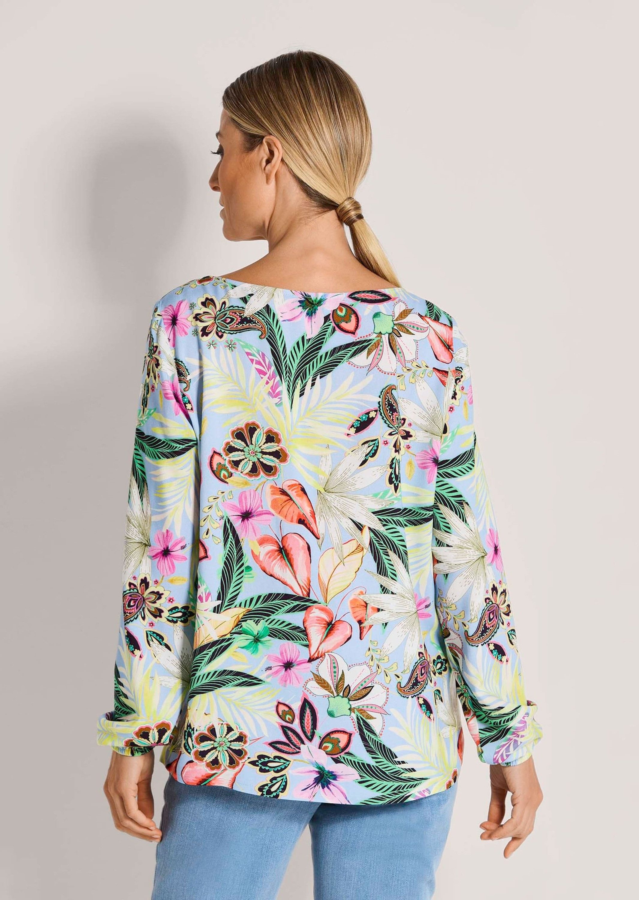 MADELEINE Hemdbluse Fließende Viskosebluse mit Blumenmuster Druckbluse mit Rundhals, Gummibündchen und Langarm