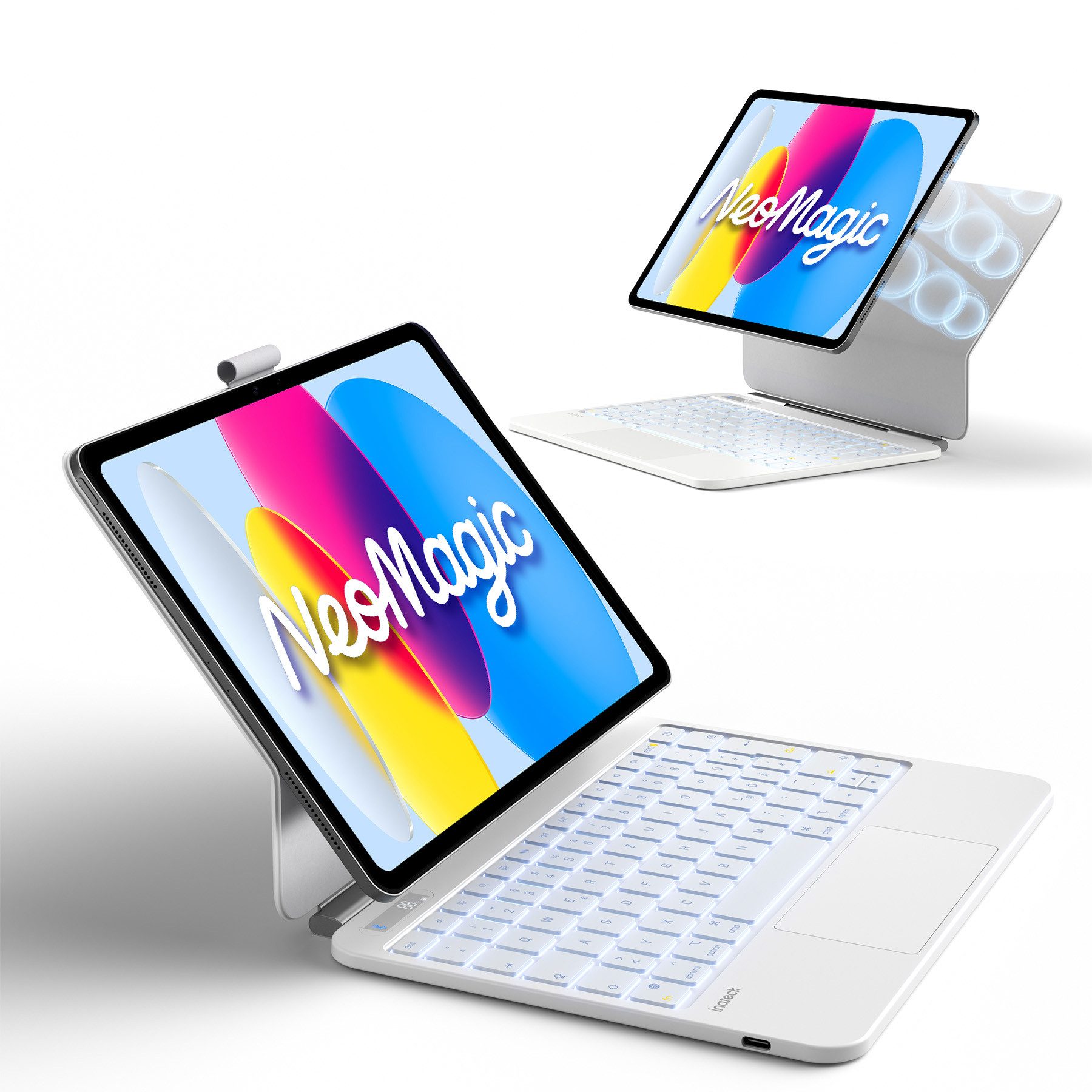 Inateck Magnetische Tastatur Hülle für iPad A16 11/10 Gen, Magic Keyboard iPad-Tastatur (Großes Trackpad,LED Anzeige,7 Farben Hinterleuchtet,mit Stifthalter)