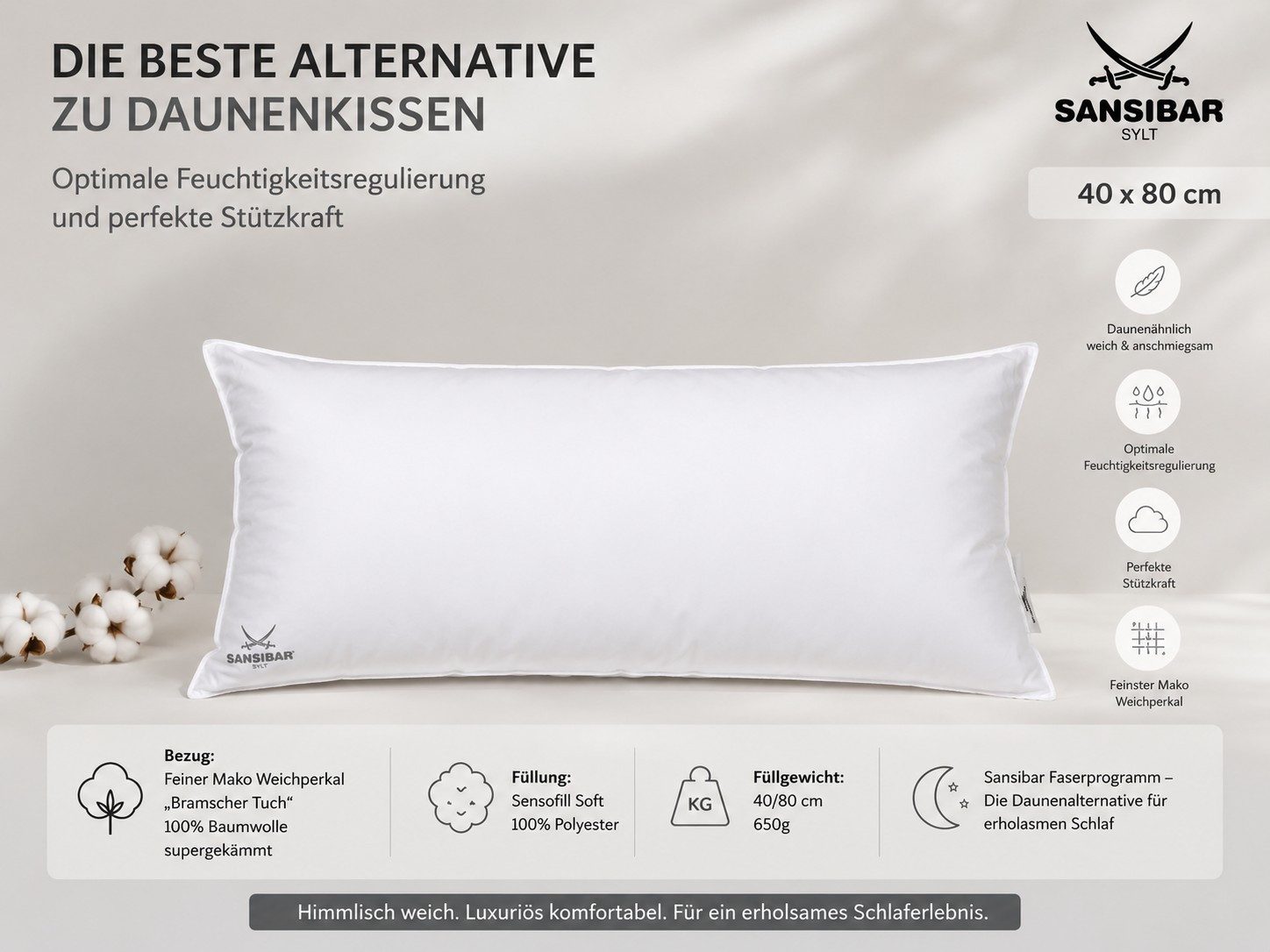 Sansibar Sylt Kunstfaserkopfkissen Ocean Dream Kopfkissen weich, stützend & atmungsaktiv, Füllung: 100% Polyester (Sensofill), Bezug: 100% …