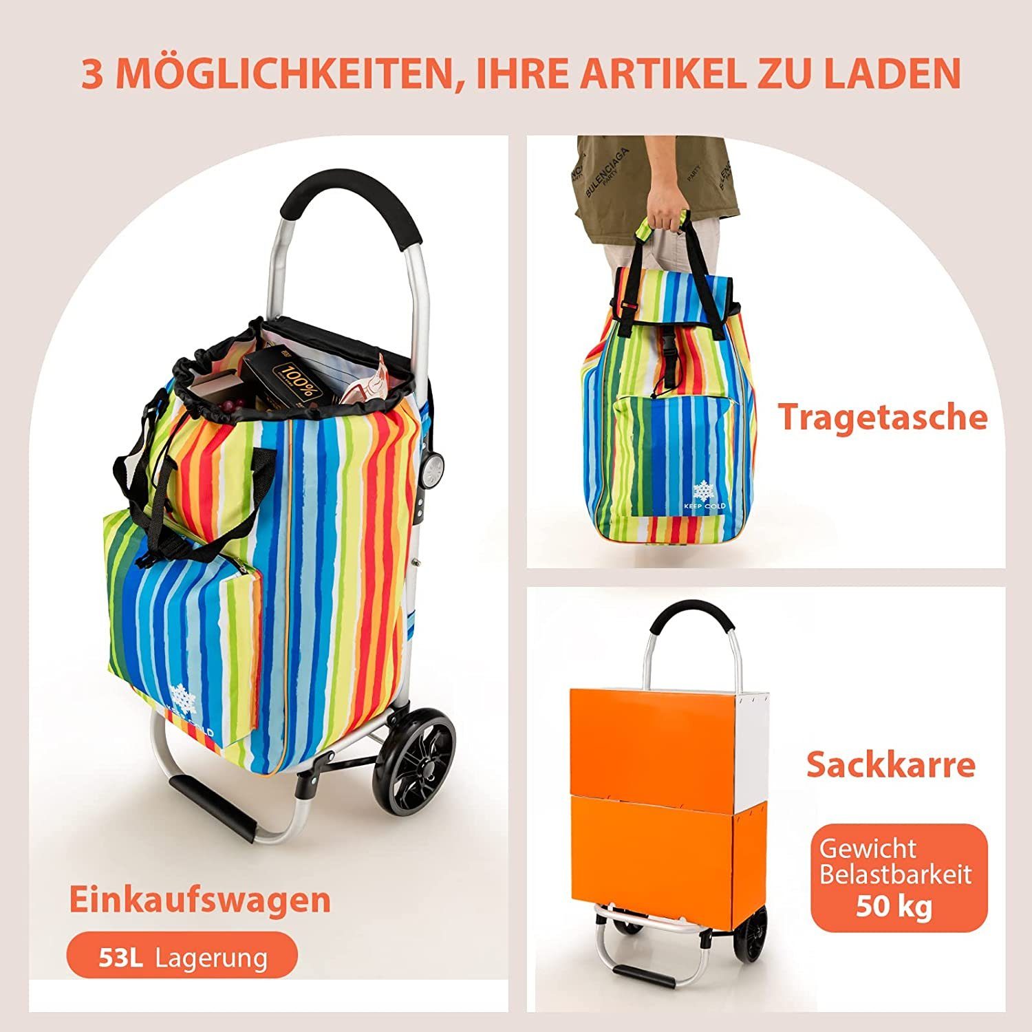 TOPWELL Klappbarer Einkaufstrolley 45L - Mit Kühlfach & Bis 50kg Belastung