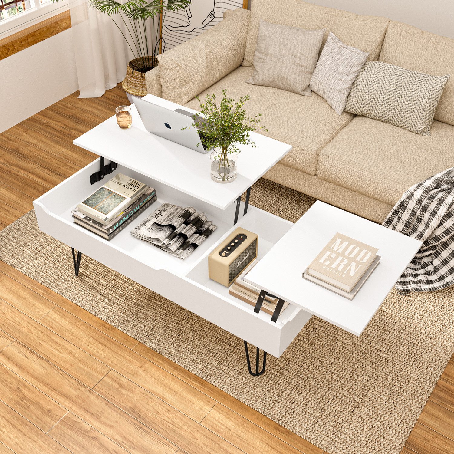 Gunuss Couchtisch höhenverstellbarer Wohnzimmertisch 100 *50*45cm Ablagefach Sofatisch (Kaffeetisch Ausziehbare Tischplatte,  Auszug), Beistelltisch mit Doppelte Hubplatte