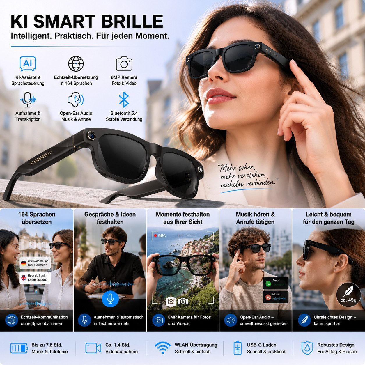 Toomoke Smart Glasses, AI-Smart-Brille mit 8MP-Kamera Bluetooth-Soundbrille (Intelligente Bluetooth Brille mit KI Sprachassistent)