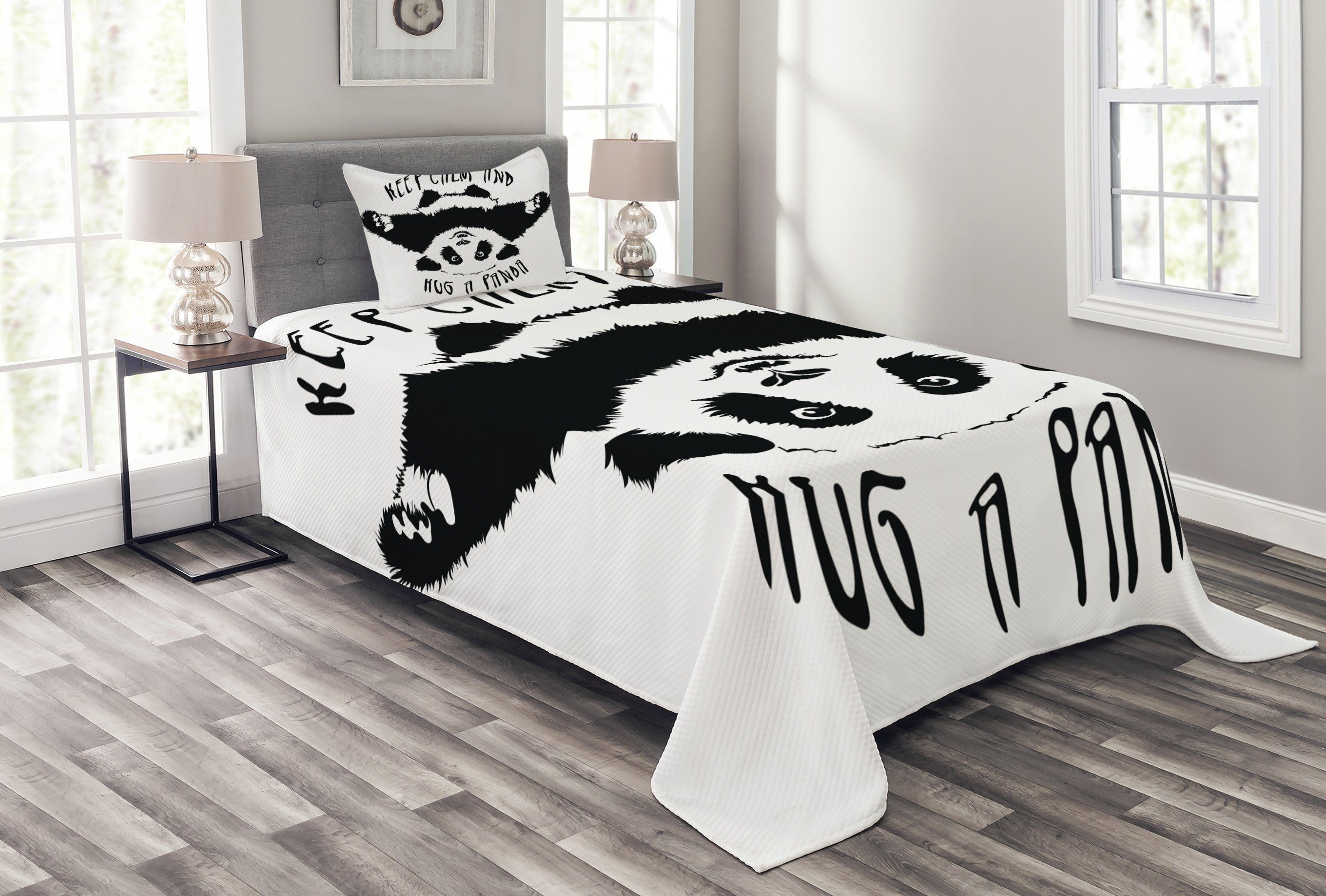 Tagesdecke Set mit Kissenbezügen Waschbar, Abakuhaus, Schwarz und weiß Tiermaskottchen