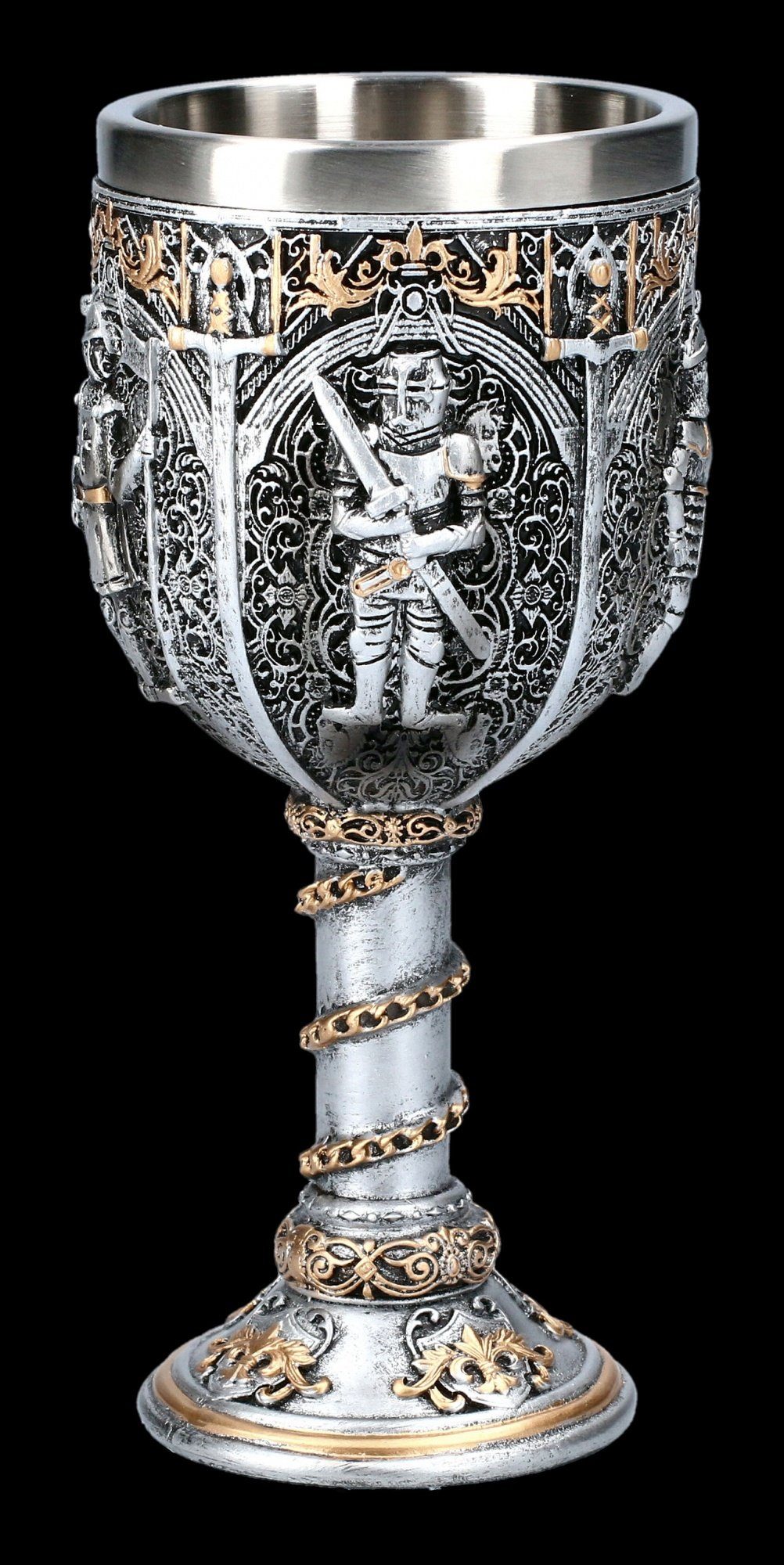 Figuren Shop GmbH Becher Kelch mit Ritterrüstungen - Fantasy Becher Ritter Mittelalter, Kunststein (Polyresin), Edelstahl