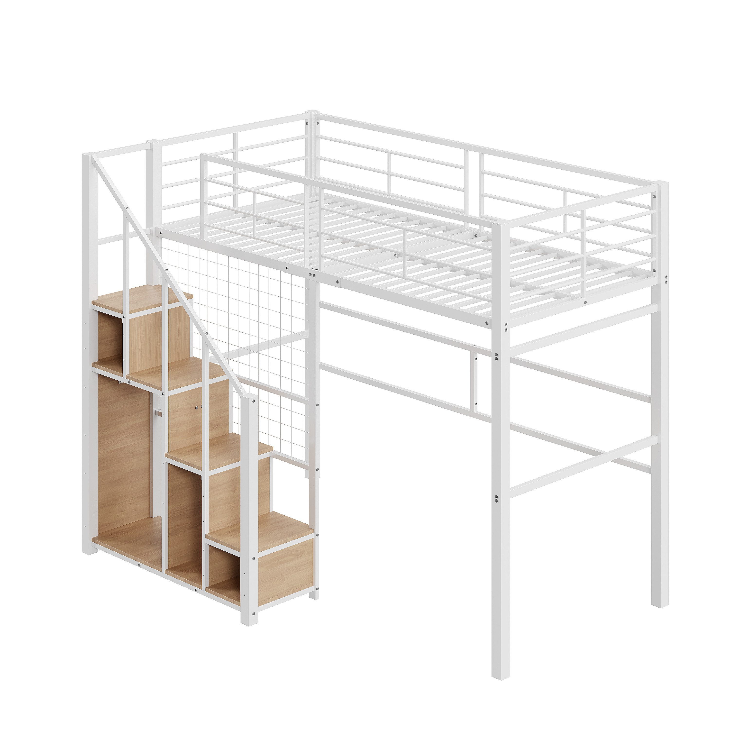Odikalo Kinderbett Hochbett mit Sicherheitsleiter 90*200, Jugendbett mit Eisenrahmen