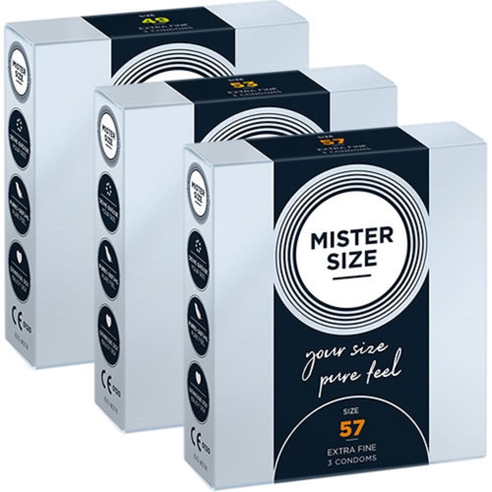 MISTER SIZE Kondome Probierpack M (49mm, 53mm, 57mm) 3 Größen zum Testen, Packung mit 3 x 3 Kondomen, ingesamt, 9 St., Maßkondome, vegan, extra dünn & extra fein, das passende Kondom in Ihrer Größe