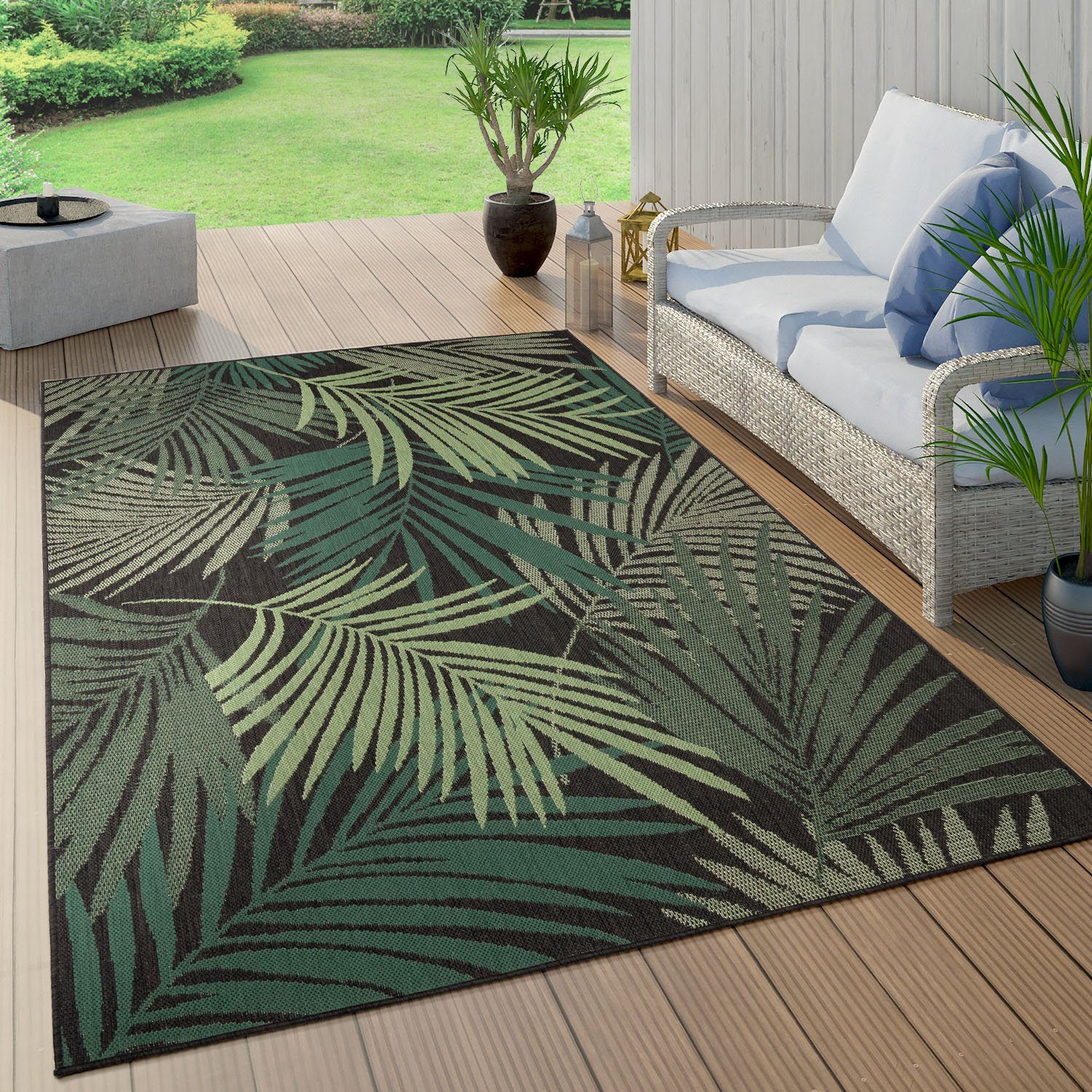 Wohnzimmer Teppich Palmenblätter, schwarz geeignet, In- rechteckig, Flachgewebe, Ostende Outdoor Motiv Paco und mm, Home, 4 Höhe: 534,