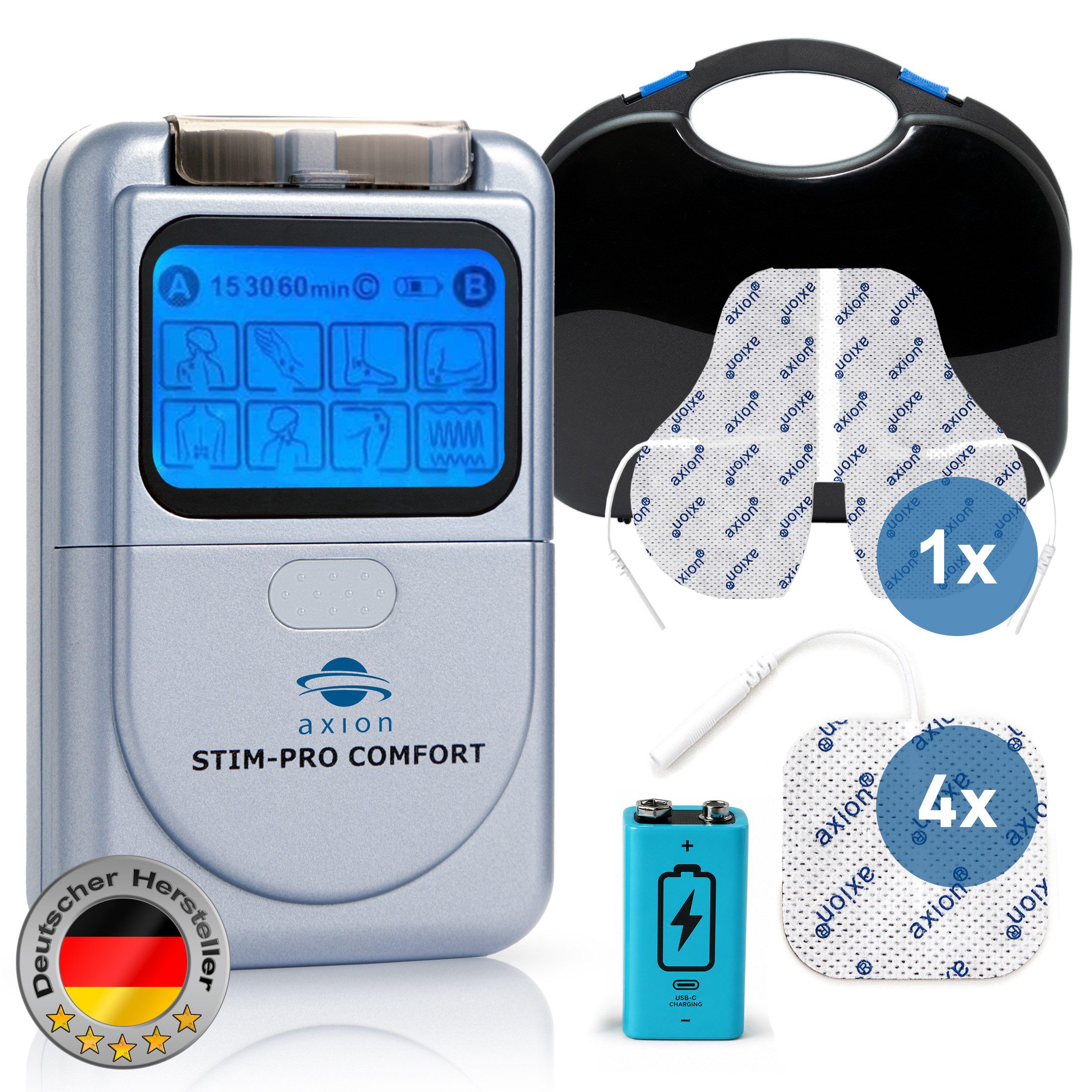 Axion TENS-Gerät axion® 2 Kanal STIM-PRO COMFORT gegen Schmerzen, mit 9V Li-Ion Akku, Medizinprodukt nach MDR (EU) 2017/745