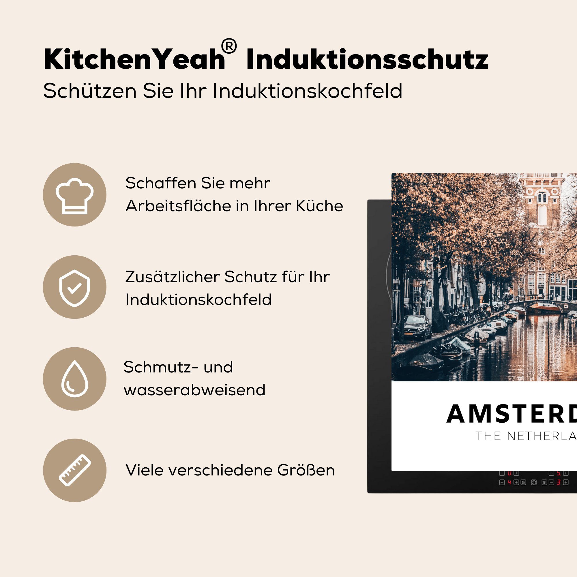 MuchoWow Herdblende-/Abdeckplatte für cm, Wasser, Amsterdam - küche tlg), (1 Vinyl, Arbeitsplatte Niederlande 78x78 Ceranfeldabdeckung, 