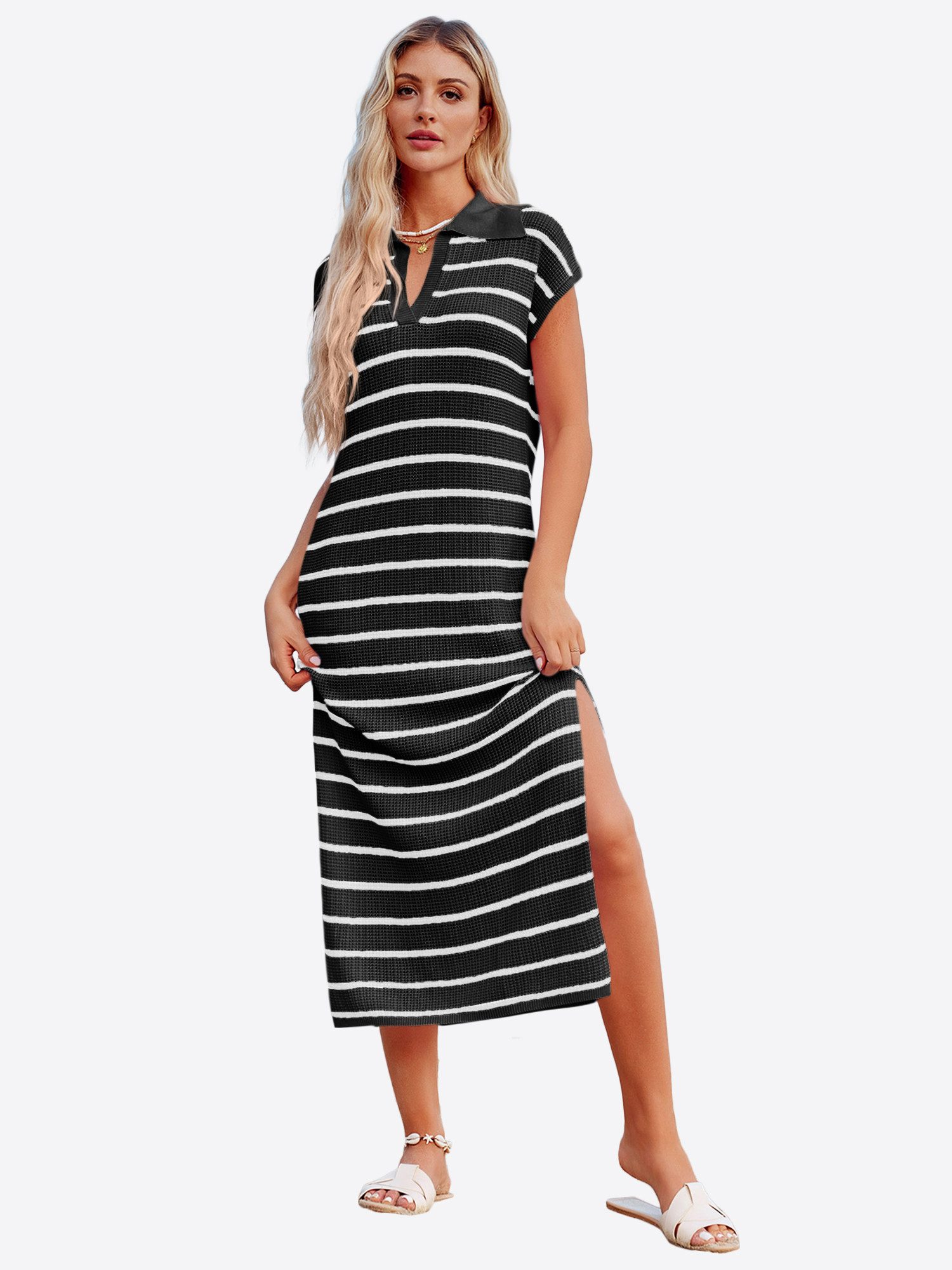 Imily Bela Strickkleid Damen Gestreiftes Kleid mit V-Ausschnitt (Packung, 1-tlg., 1per-Pack) Seitenschlitze