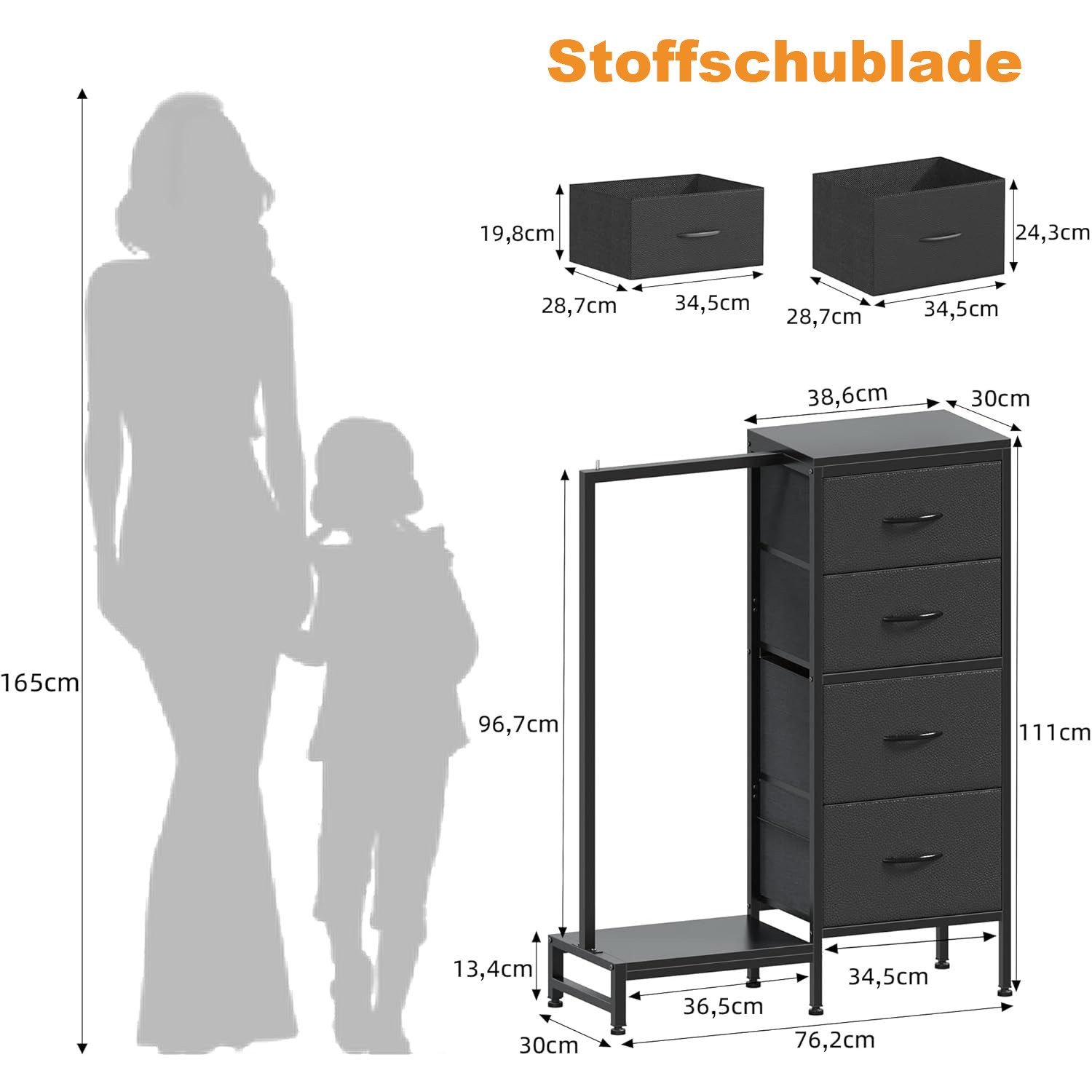 OYRREU Kinderkleiderschrank Kommode mit Kleiderstange & Schuhregal, platzsparend (Aufbewahrungsschrank-Set 1-St., mit 4 Stoffschubladen, Schuhablage) 3-in-1 Organizer Schlafzimmer Garderober