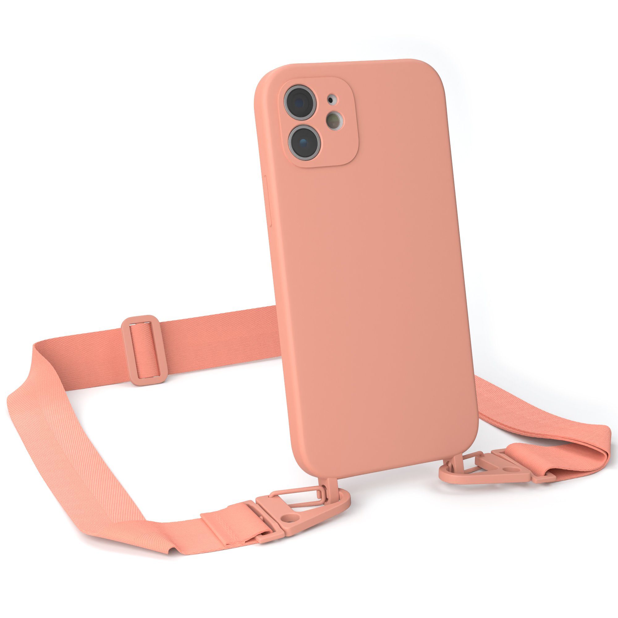 EAZY CASE Handykette Karabiner Breitband für Apple iPhone 12 6,1 Zoll, Silicon Handyhülle mit breiter Kette Carabiner Necklace Altrosa Coral