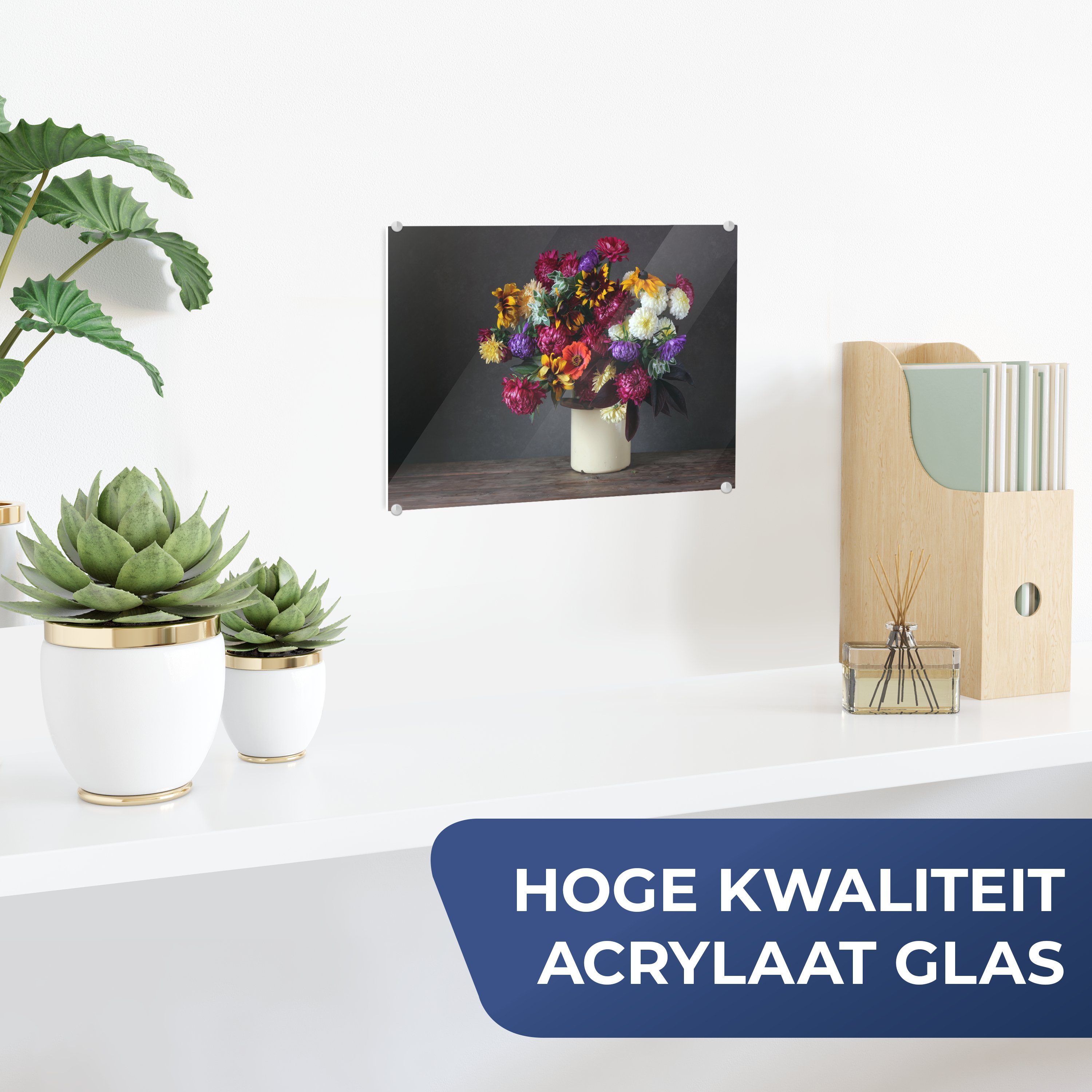 Wandbild Glas Bilder - MuchoWow Glasbilder (1 - Glas Stilleben, Blumenstrauß auf St), - - Acrylglasbild Farben auf - Foto Wanddekoration