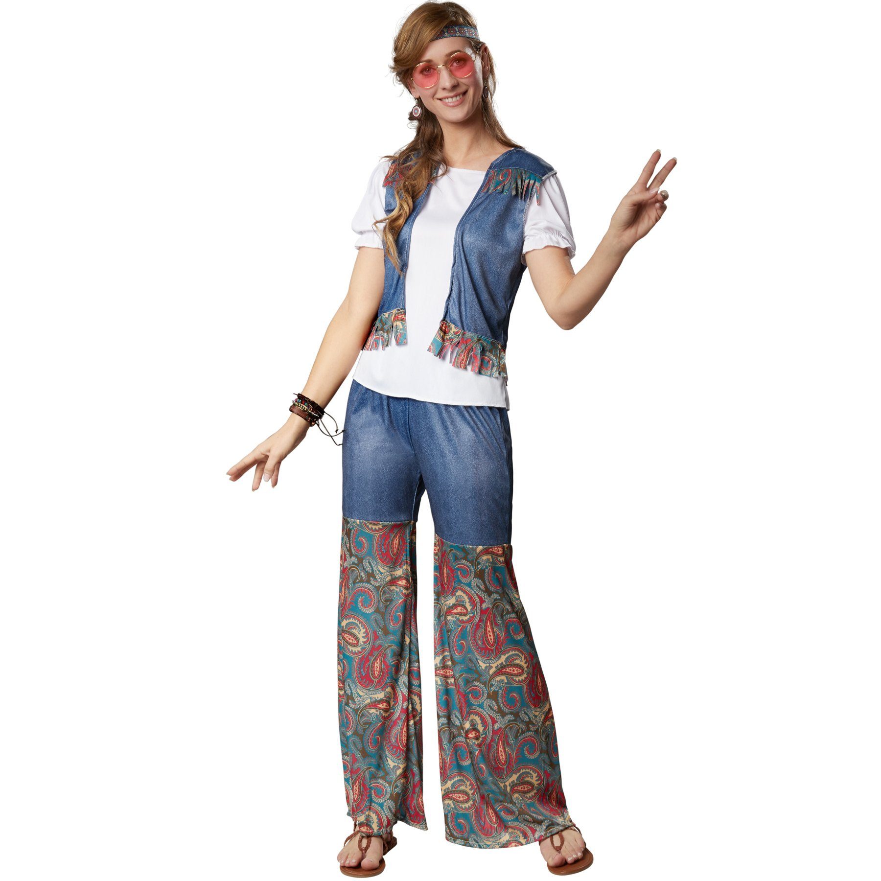 dressforfun Hippie-Kostüm Blumenkind/Friedensfreund, in der Farbe blau, Konfektionsgröße XXL, Kurze Ärmel mit Gummizug und Rüschung, Ärmellose Jacke mit Fransen