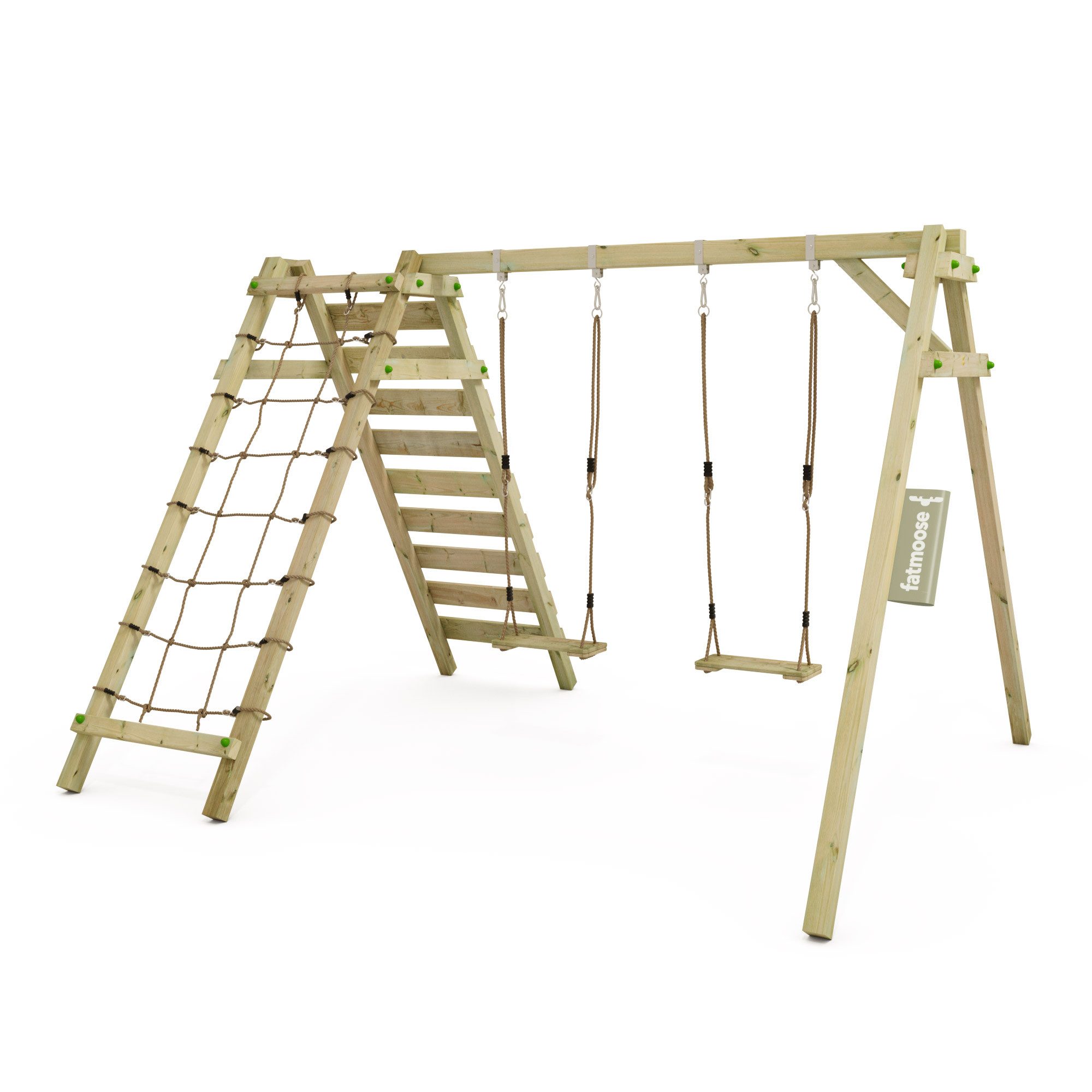 FATMOOSE Doppelschaukel JollyJungle - Schaukelgestell mit Kletterleiter und Kletternetz, (Schaukel - Set, 10 jährige Garantie), kesseldruckimprägniert, extrem witterungsbeständig