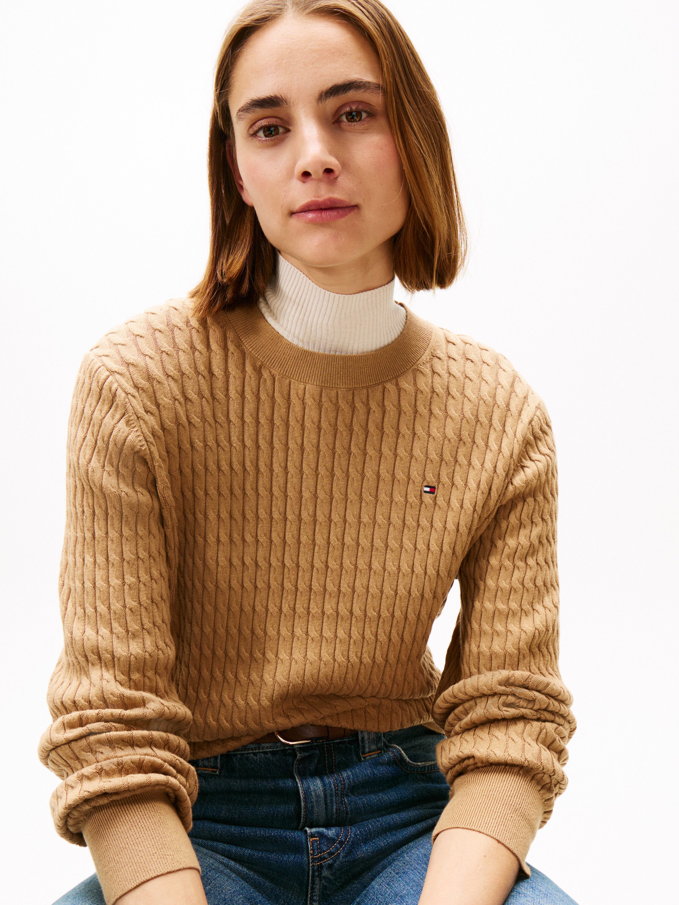 Tommy Hilfiger Rundhalspullover CO CABLE C-NK LS SWEATER Baumwolle, mit Zop günstig online kaufen