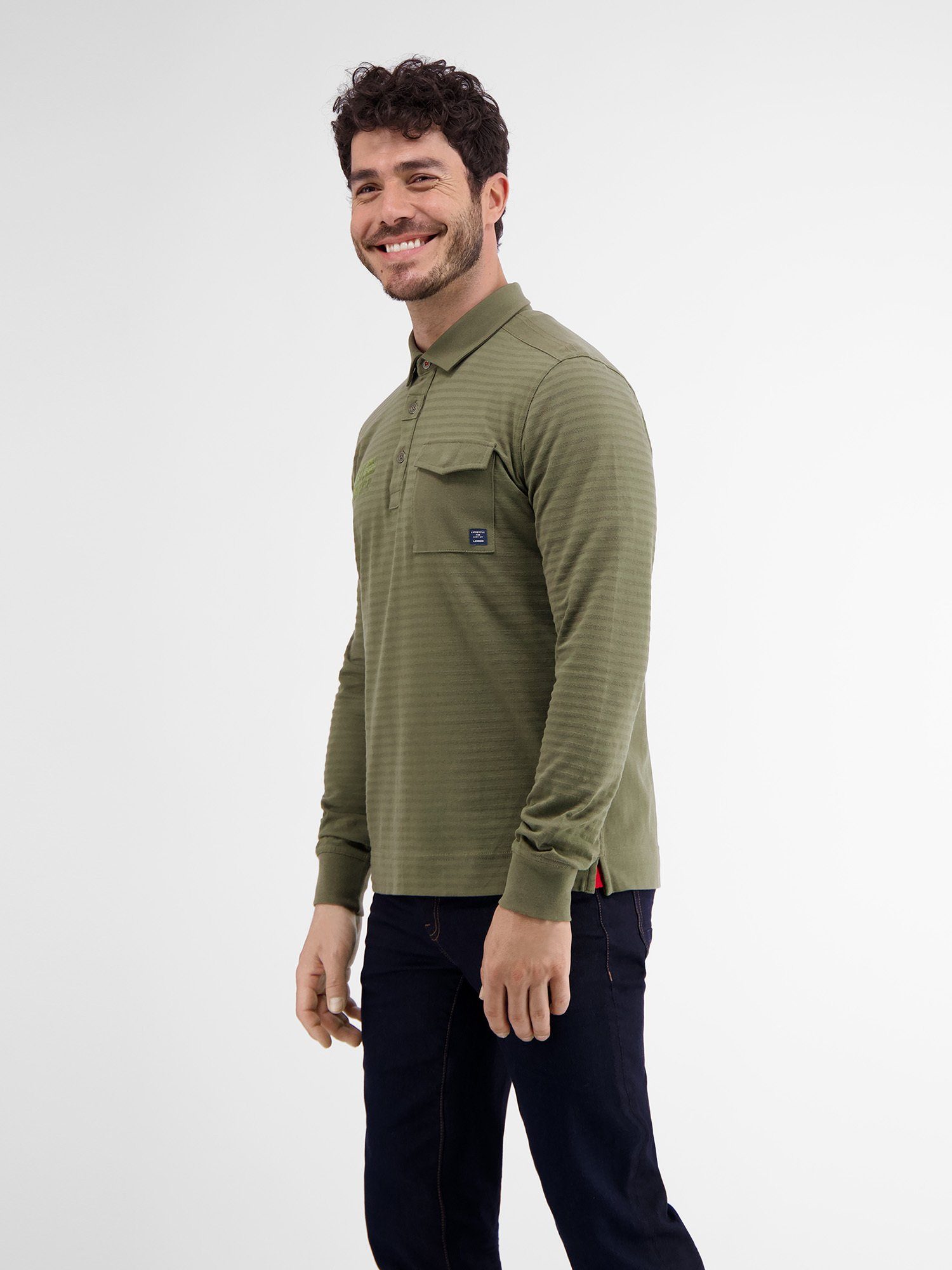 gestreift AGED LERROS Longsleeve-Polo, LERROS OLIVE Langarm-Poloshirt