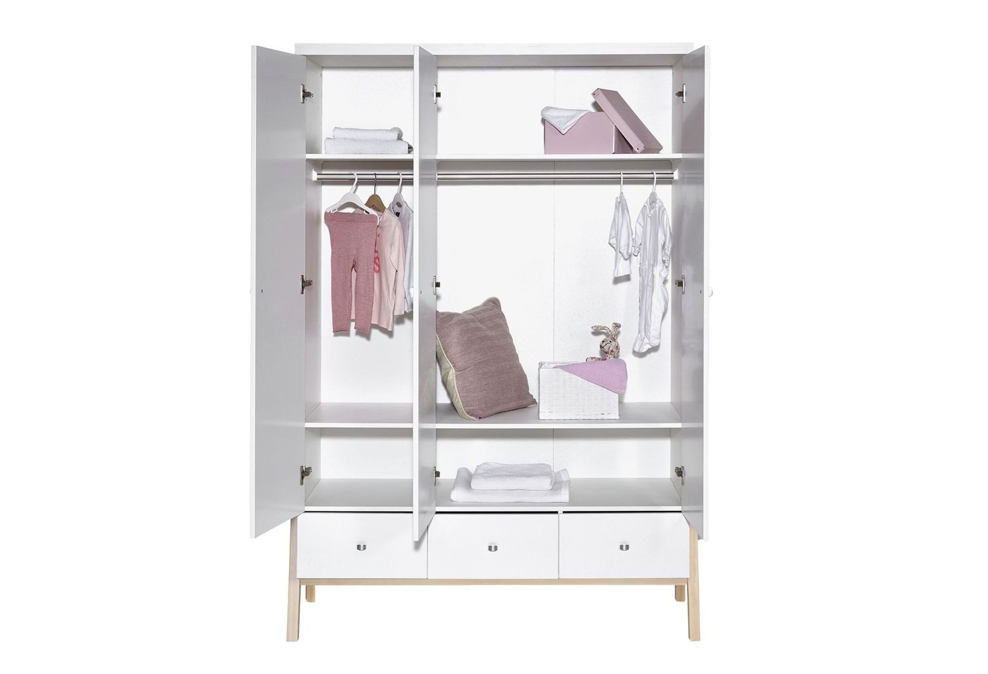 Schardt Kinderkleiderschrank Holly Nature Schrank 3 Türen, Dekor weiß / Buche natur