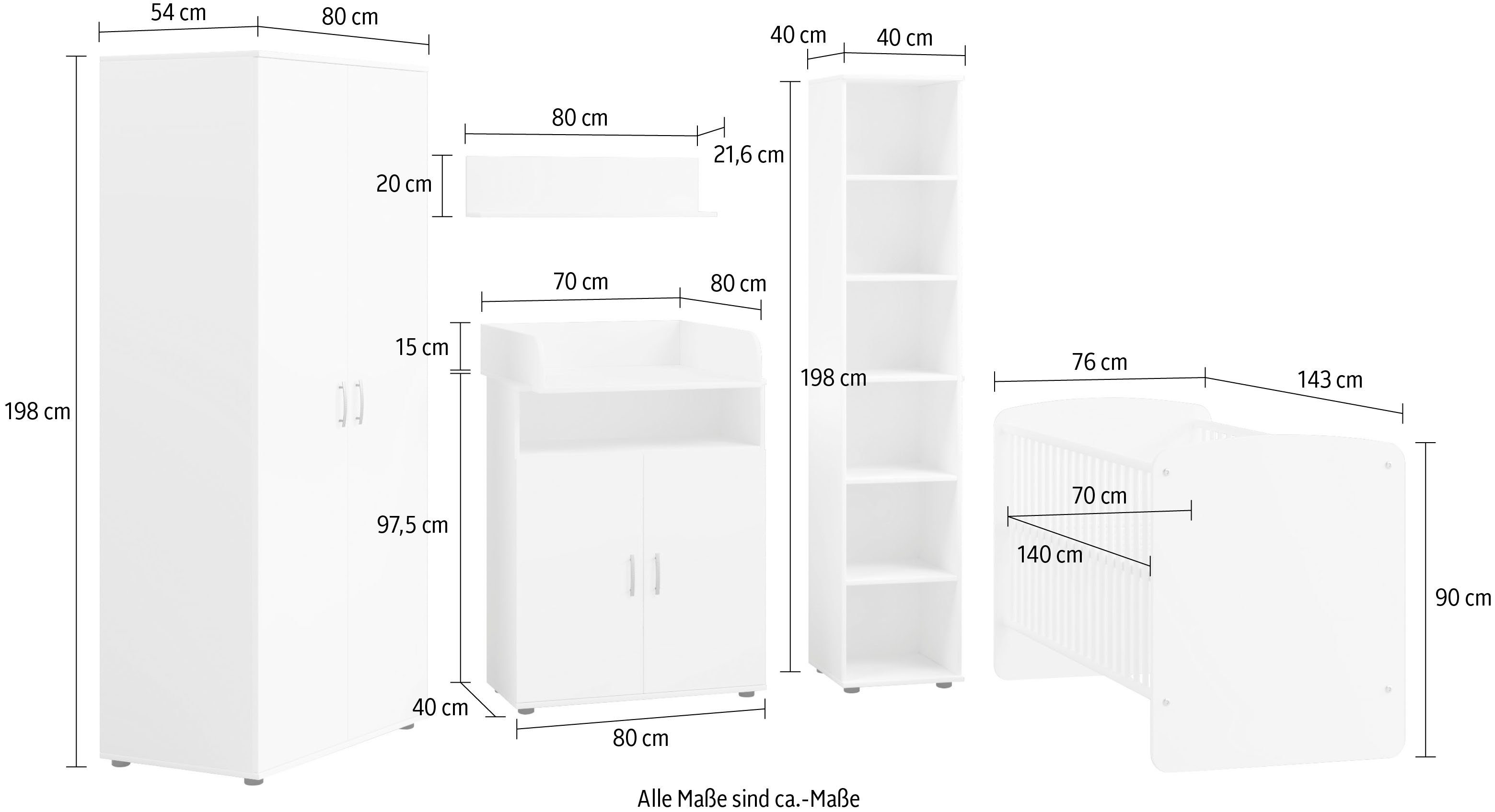 (Set Regal, Babybett, Desmond Babymöbel-Set, Kommode, Babybett, Schrank), Wickelaufsatz, Regal, aus: Kommode, Lüttenhütt Wandboard, aus: Weiß/Eiche Wickelaufsatz, Schrank Wandboard, Set