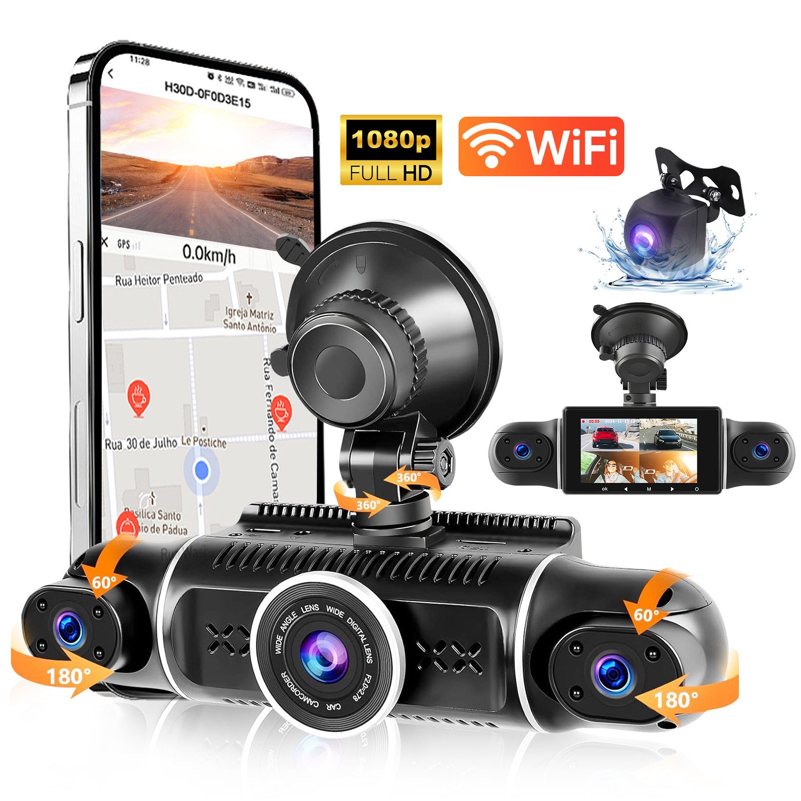Hikity Dashcam Auto 3/3.16 Zoll 4 Kanäle 360° Kamera HD WiFi G-Sensor Dashcam (Schwerkraftmessung, Parküberwachung, Videoschleife)