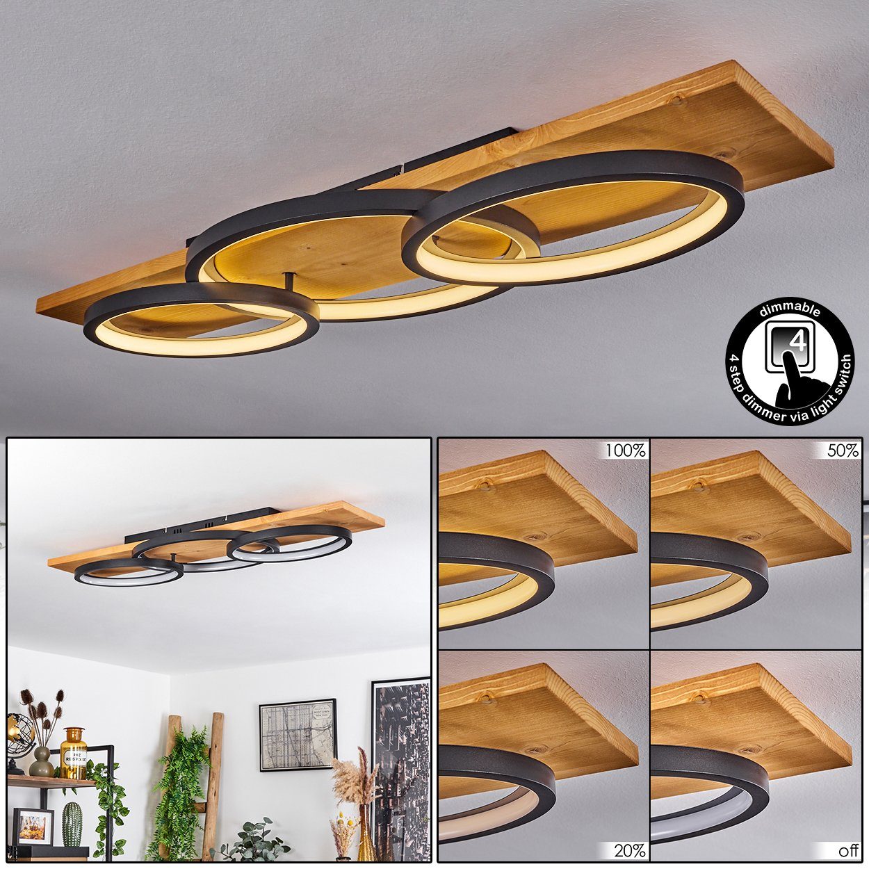 hofstein Deckenleuchte »Palermo« Deckenlampe Metall/Holz/Kunststoff Watt 1xLED über Natur/Schwarz, Lichtschalter, 3000 Lumen, 40 4700 Kelvin, dimmbar in aus 97cm