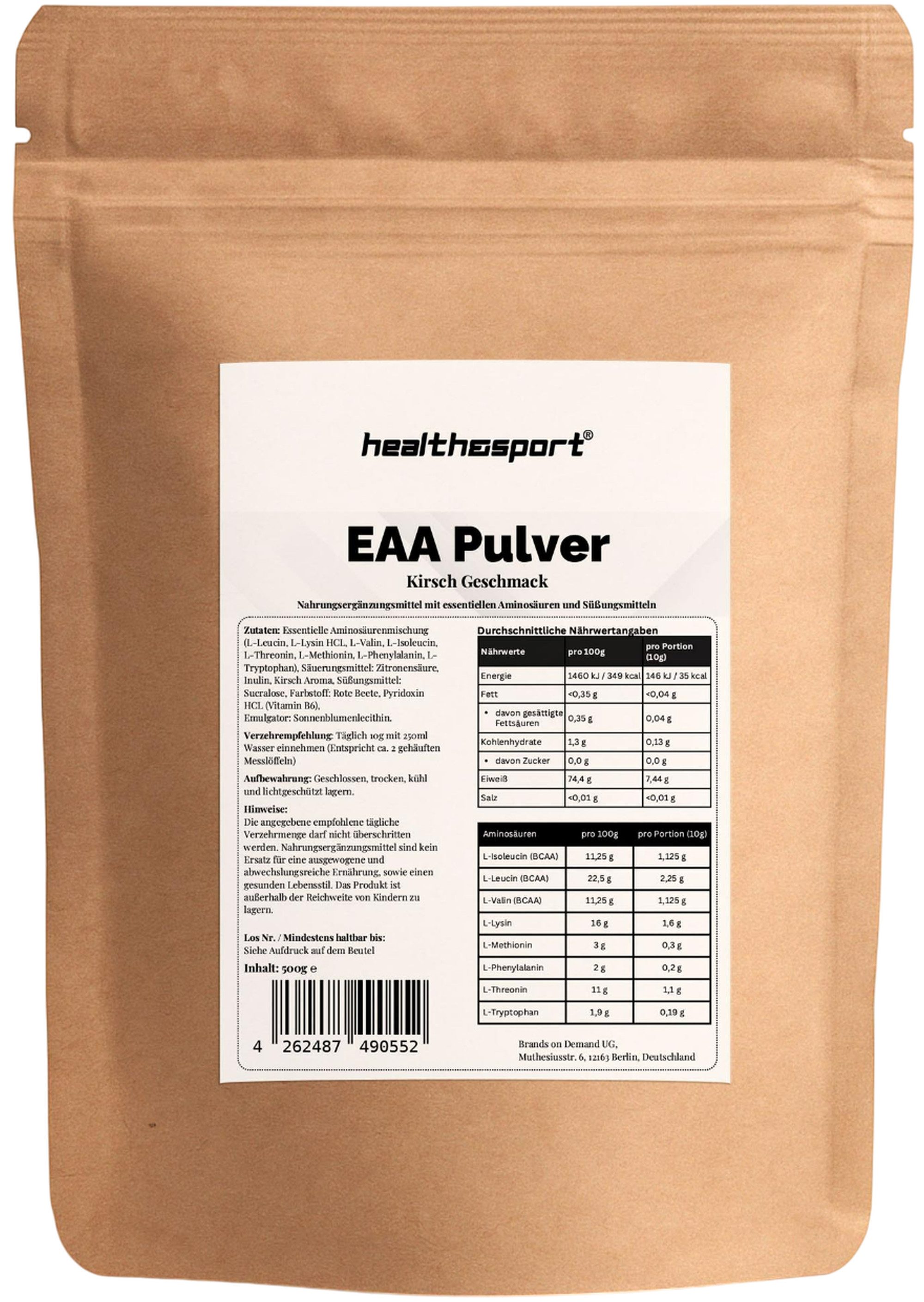 health&sport EAA Kirsche – Für Muskelaufbau, Regeneration, Ausdauer & Fitness Pulver, 500 g