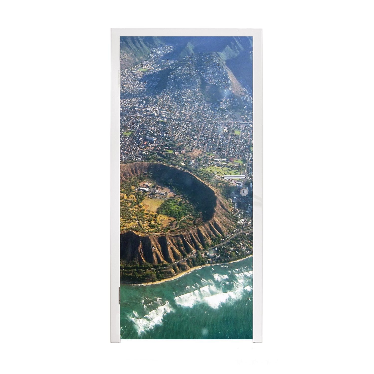 MuchoWow Türtapete Ein Luftbild von Honolulu und einem erloschenen Krater auf Hawaii, Matt, bedruckt, (1 St), Fototapete für Tür, Türaufkleber, 75x205 cm