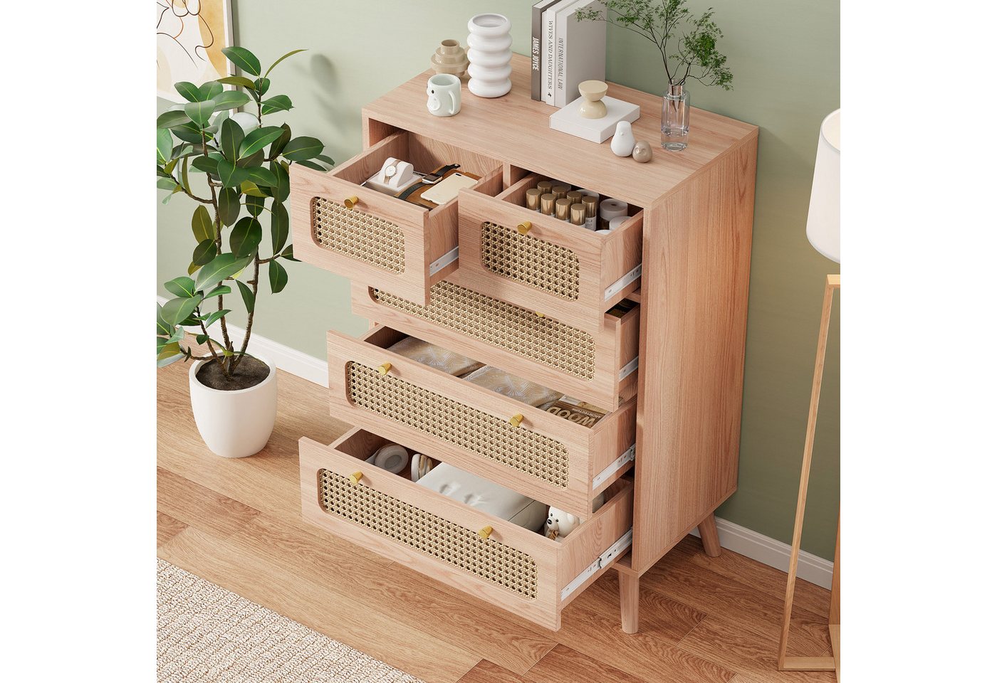PXloue Sideboard Kommode mit Schubladen Mehrzweckschrank aus Holz, Hoch Sideboard,4 Holzstützbeine sorgen, 91x60x34 cm