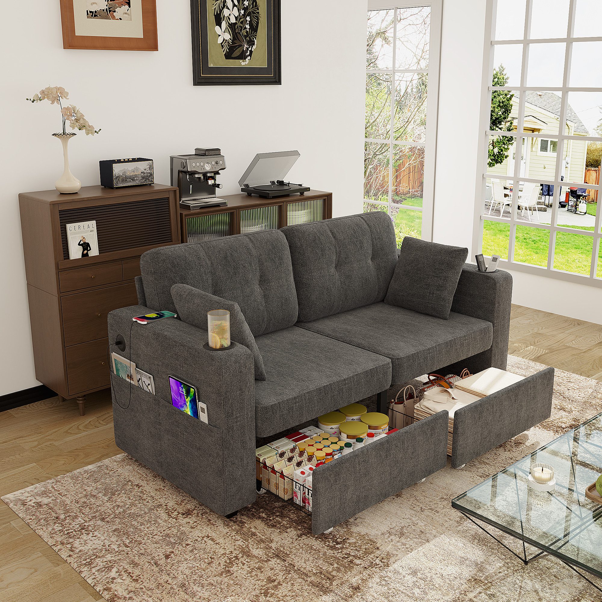 HAUSS SPOLE Schlafsofa mit Getränkehaltern,Loungesofa mit Schubladen & Seitentaschen,Grau, Relaxsofa mit Durchdachtes Armlehnen-Design, für Wohnzimmer, Wohnungen und Leseecken