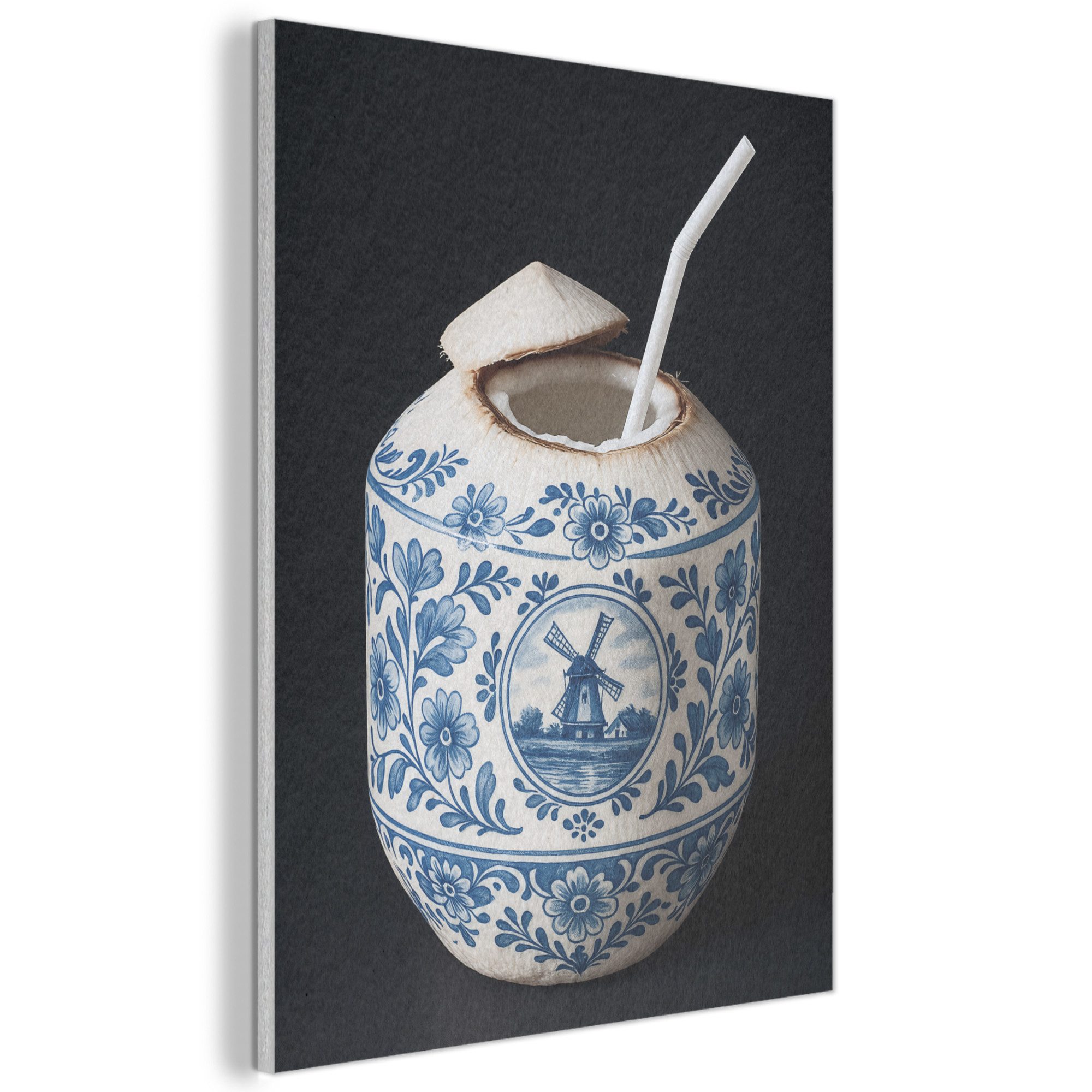 MuchoWow Gemälde Kokosnuss - Lebensmittel - Delfter Blau - Getränk, Fotodruck (1 St), Akustikpaneele, Wandpaneele, Schalldämmung, Akustikbilder 30x40 cm