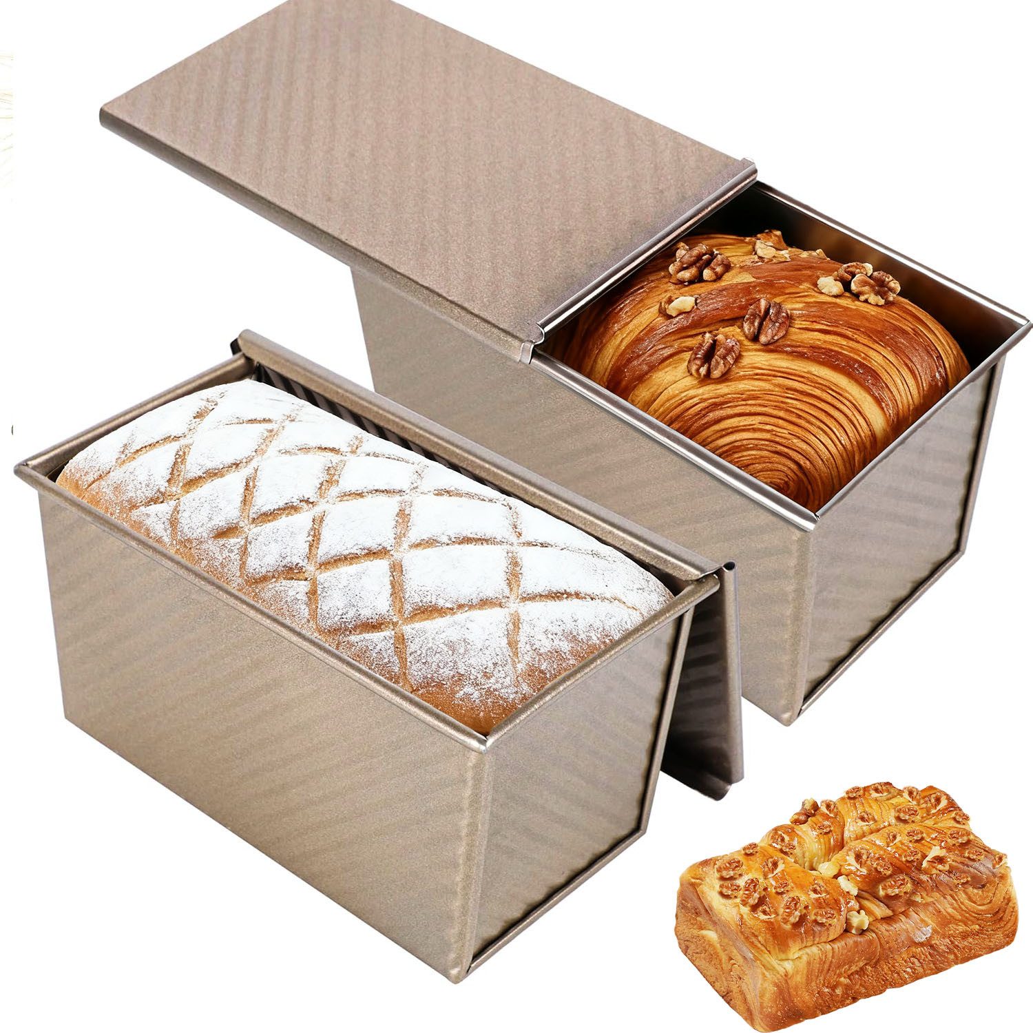 HEYHIPPO Brotbackform 2er-Set Toastbrotformen mit Deckel, Karbonstahl, Gold, antihaft, Toastbrot Kastenform mit Deckel, antihaft, langlebig, ideal für Kuchen