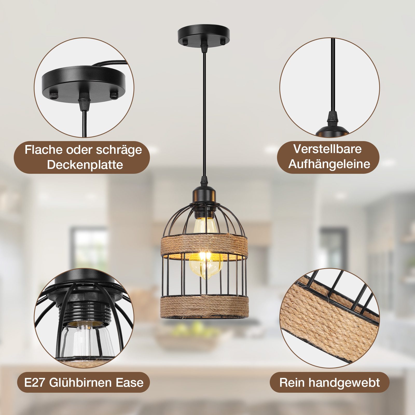 Rosnek LED Pendelleuchte 1-flammige Rattan Pendelleuchte, Boho Mini Kronleuchter, handgefertigt, Halogen, E27, Farmhouse Hängelampe für Küche, Insel, Bar, Flur & Schlafzimmer