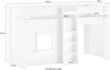 Vipack Hochbett Reno in Hüttenoptik, LF 90x200 cm, m. LR, weiß lackiert