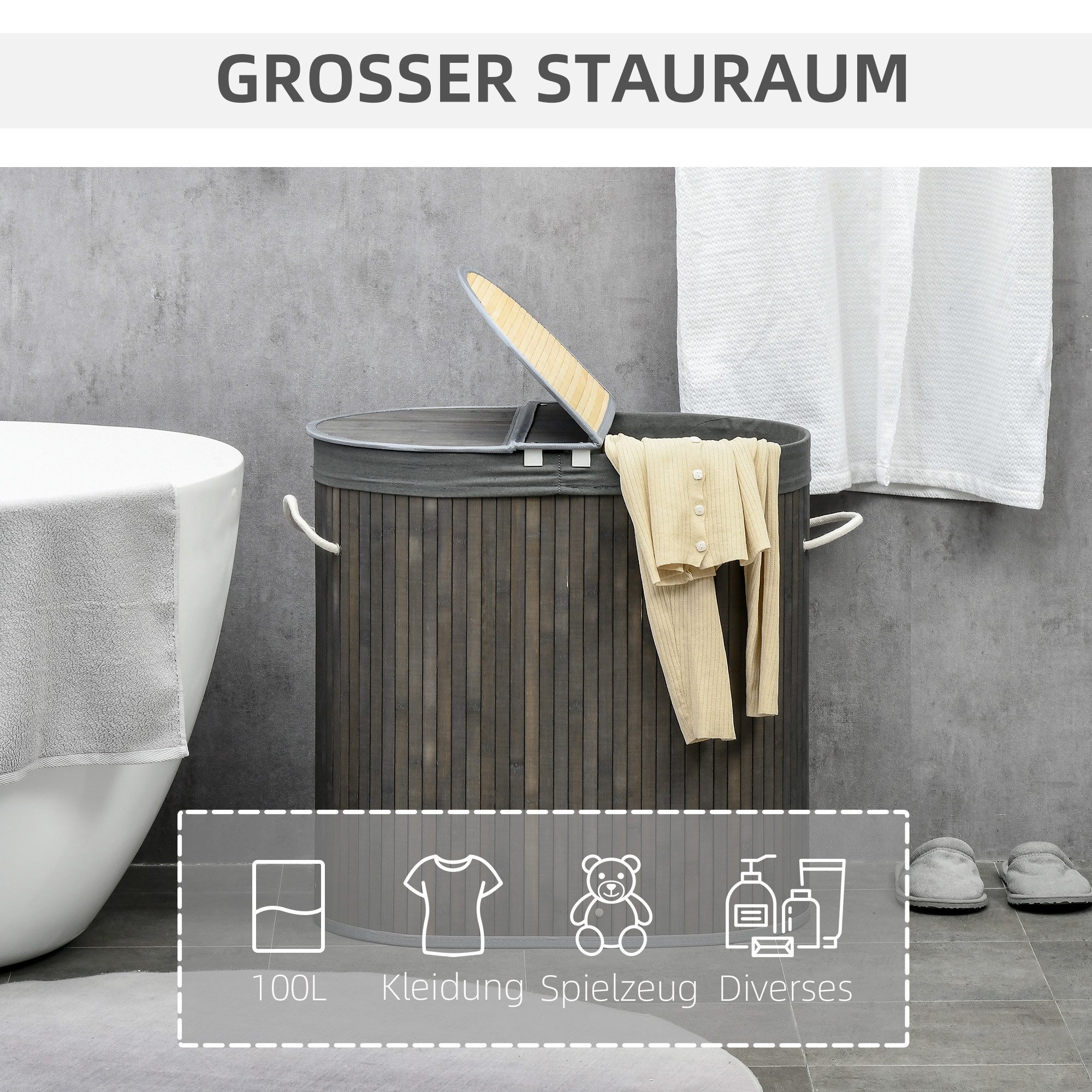 HOMCOM Wäschekorb 100L mit Deckel, Griffen, 2 herausnehmbarer Wäschesack (Wäschesammler, 1 St., Wäschesortierer), Wäschebox für Waschküche, Badezimmer, Schlafzimmer, Grau