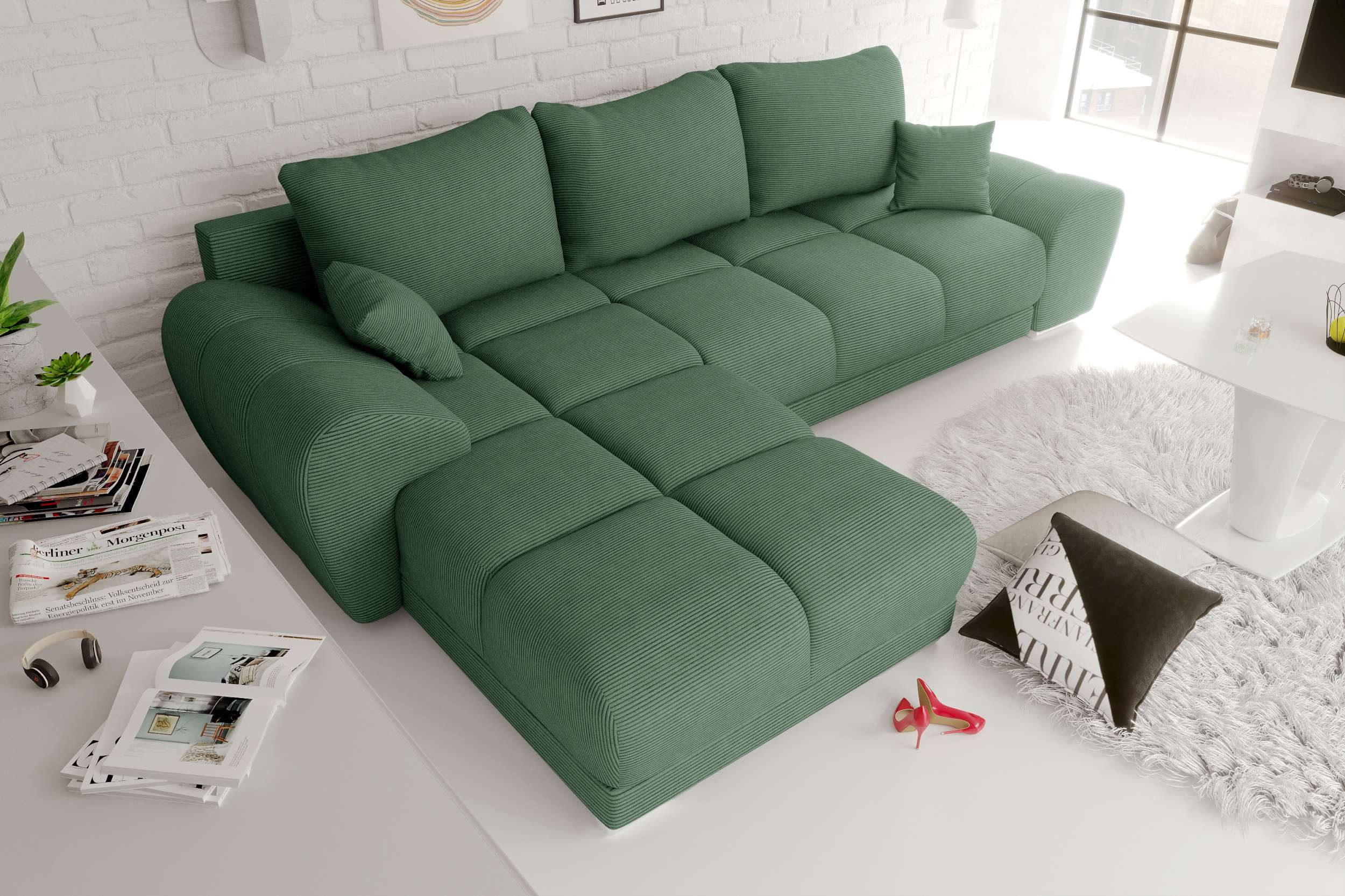 99rooms Ecksofa Antalya, Sofa L-Form, Eckcouch, mit Rückenkissen, Schlaffunktion, Cordstoff POSO