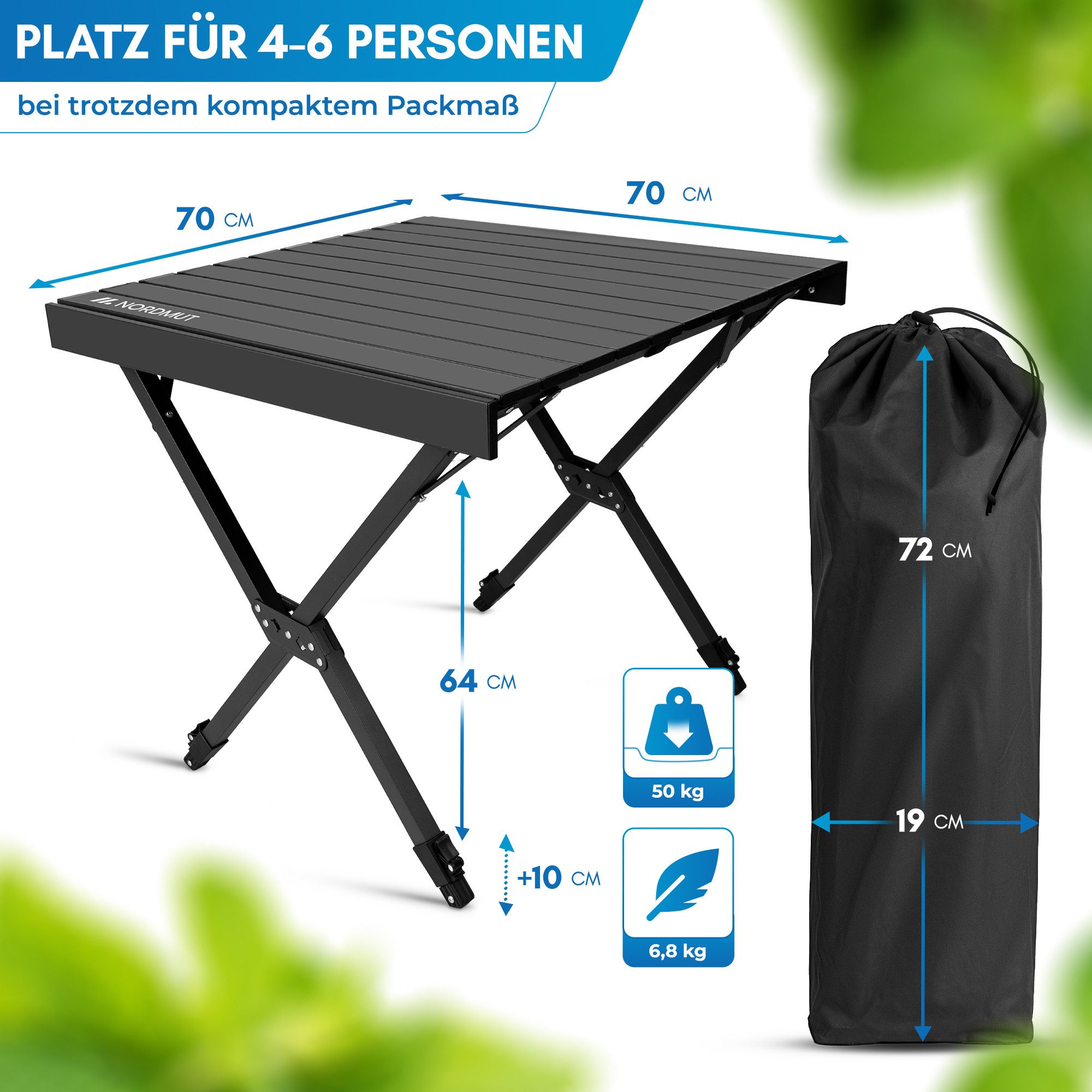 Nordmut Campingtisch Outdoor Tisch klappbar 110x70 cm höhenverstellbar Aluminium (kratzfeste Tischplatte für Camping Garten Balkon & Festival), wetterfester Klapptisch mit Tragetasche bis 50 kg belastbar