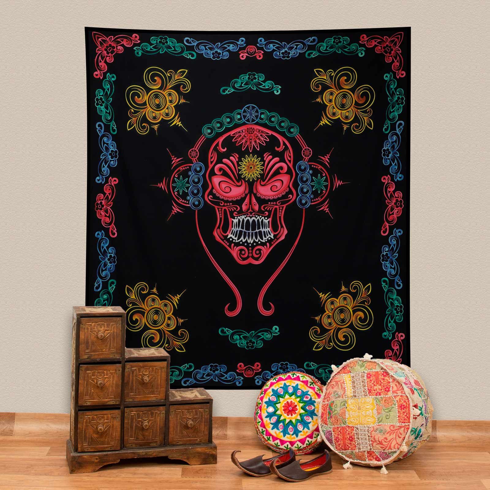 KUNST UND MAGIE Wandteppich Wandbehang Dekotuch Tagesdecke La Catrina Totenkopf 205x225cm