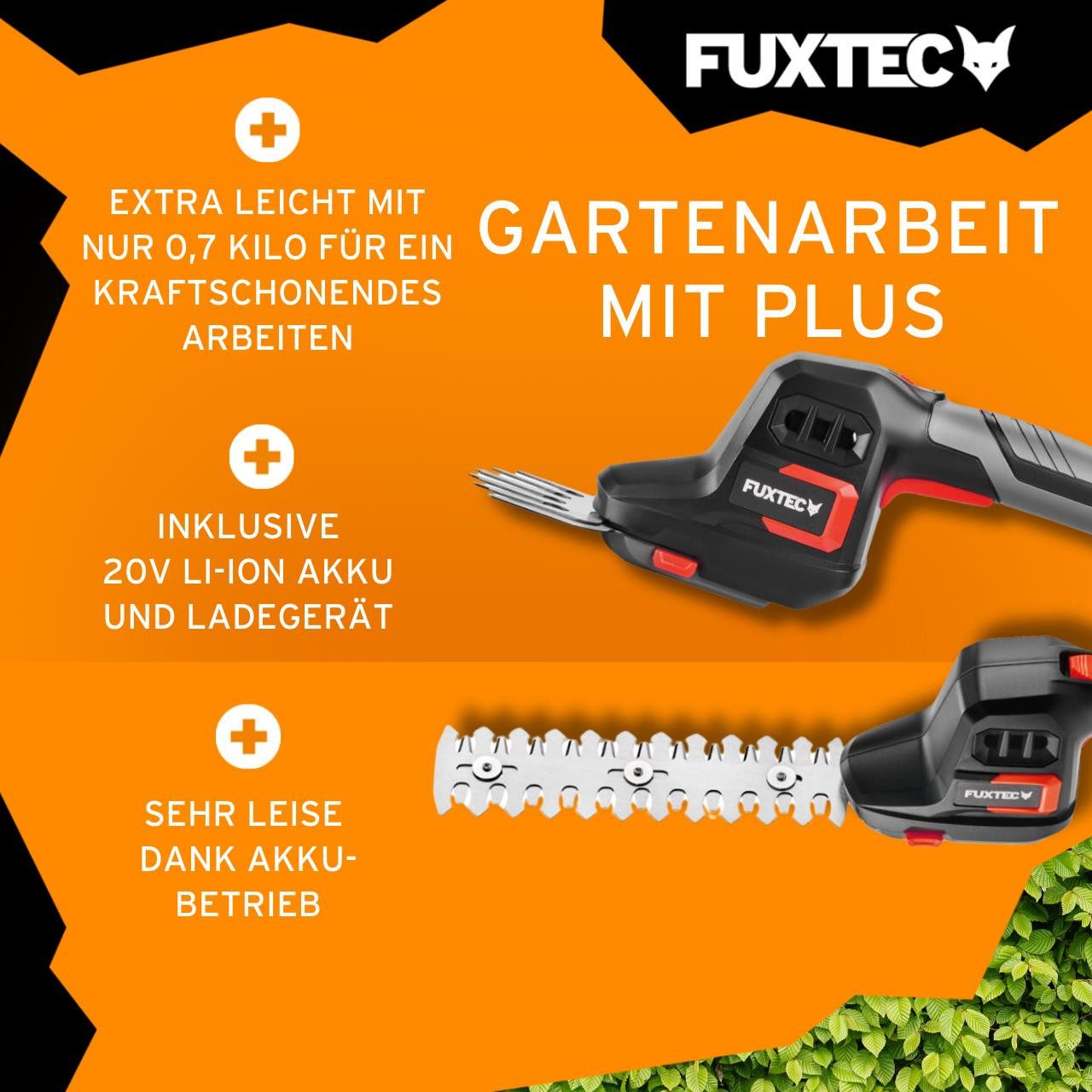 FUXTEC Akku-Heckenschere FX-E1HS20-SET, 2Ah-Akku, 52cm Arbeitsbereich, 20V, bis zu 28mm Astdicke